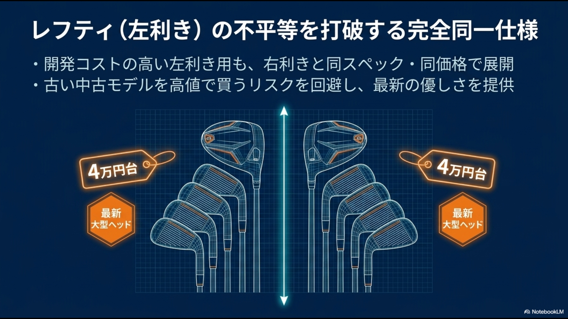左利き用クラブも右利き用と同じスペック・同価格の4万円台で提供されていることを示すレフティモデルの解説図