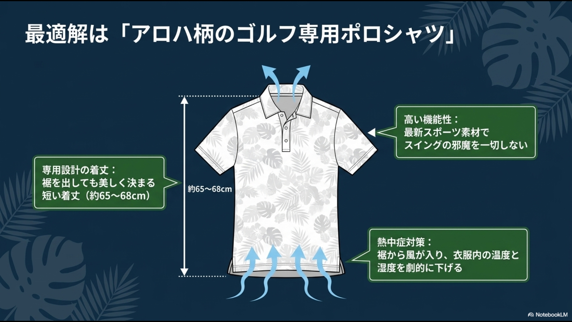 ゴルフ場での最適解はアロハ柄のゴルフ専用ポロシャツ。約65cmから68cmの専用設計の短い着丈、最新スポーツ素材の高い機能性、裾から風が入る熱中症対策を備える。