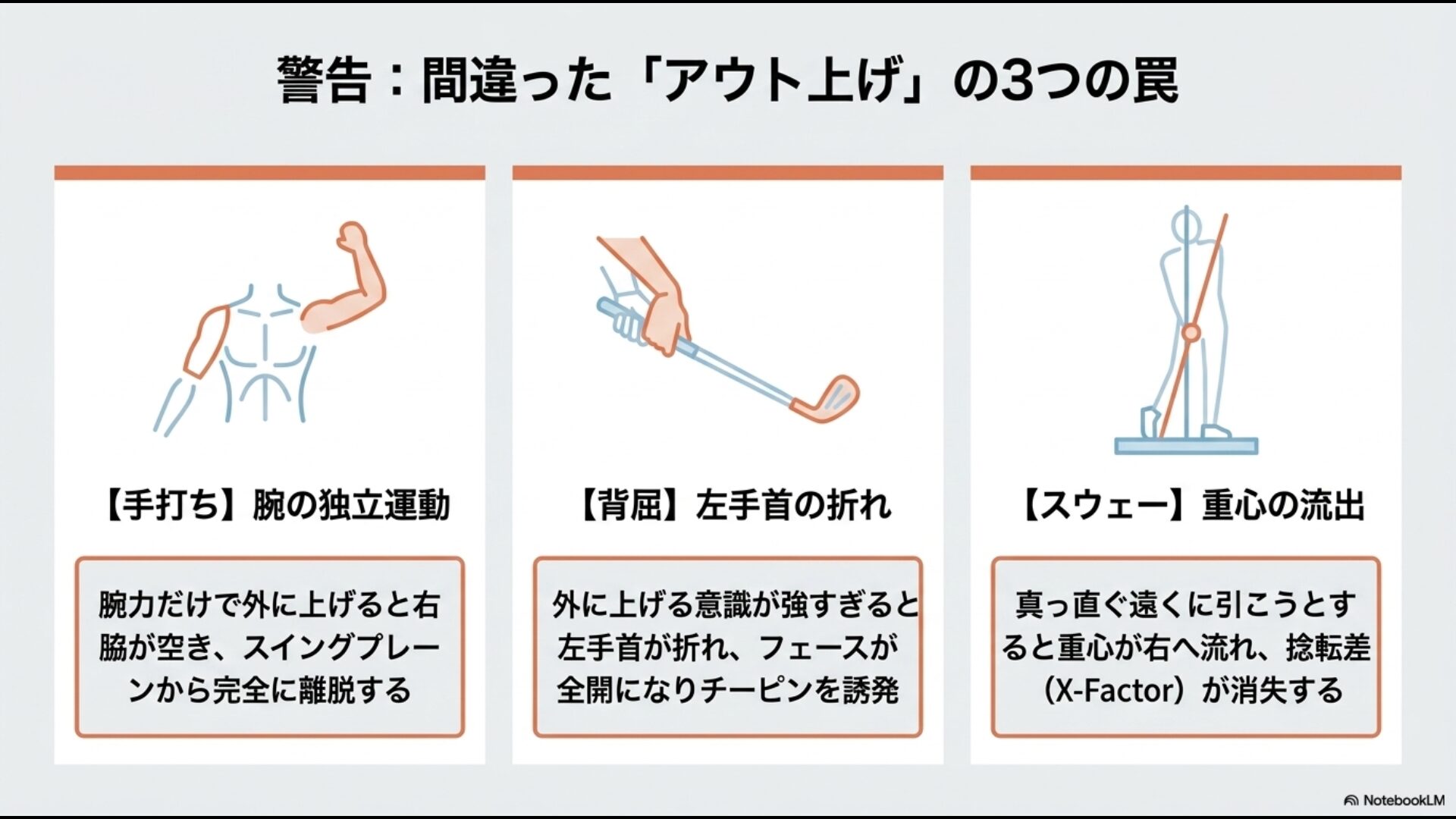 腕の独立運動による手打ち、左手首の背屈、重心の流出であるスウェーという、間違ったアウト上げによって引き起こされる3つの罠のイラスト