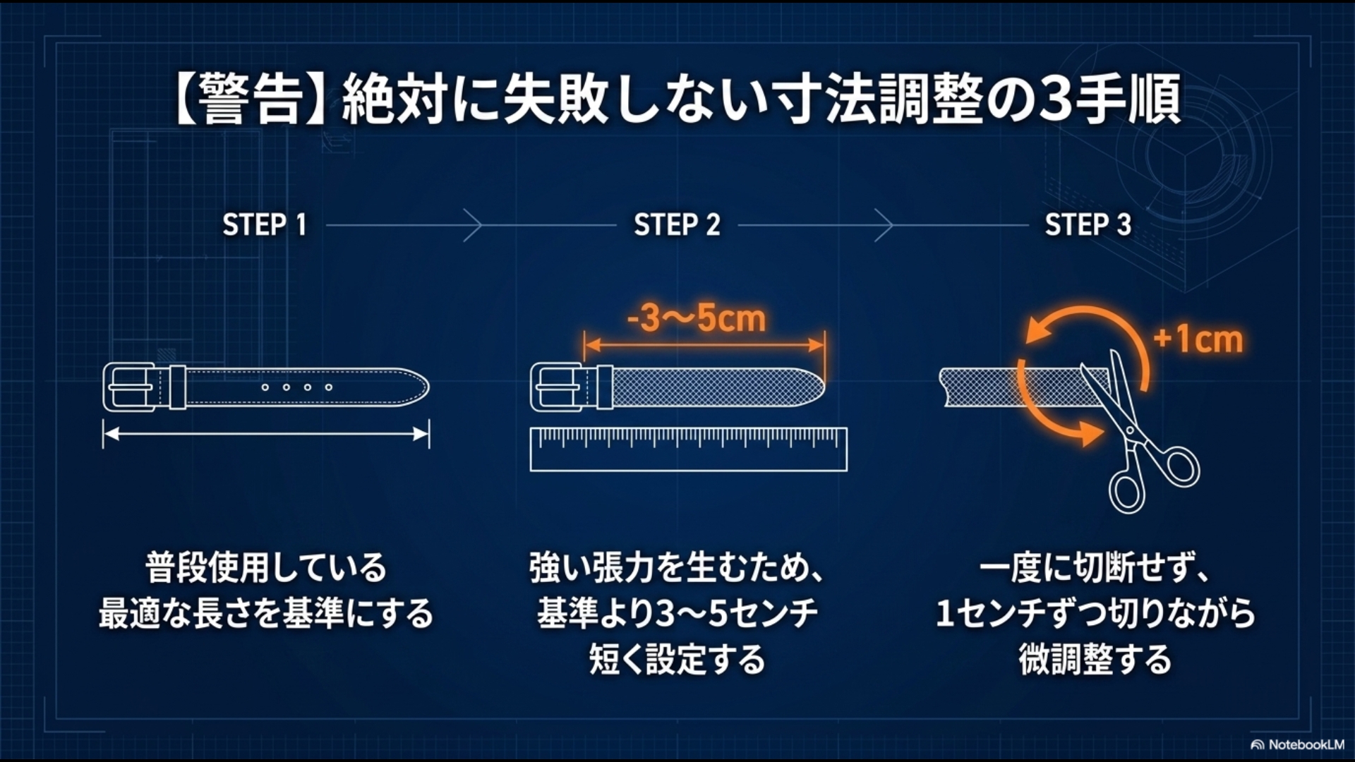 普段のベルトを基準にし、3〜5cm短く設定して1cmずつ慎重に切るサイズ調整の手順解説図
