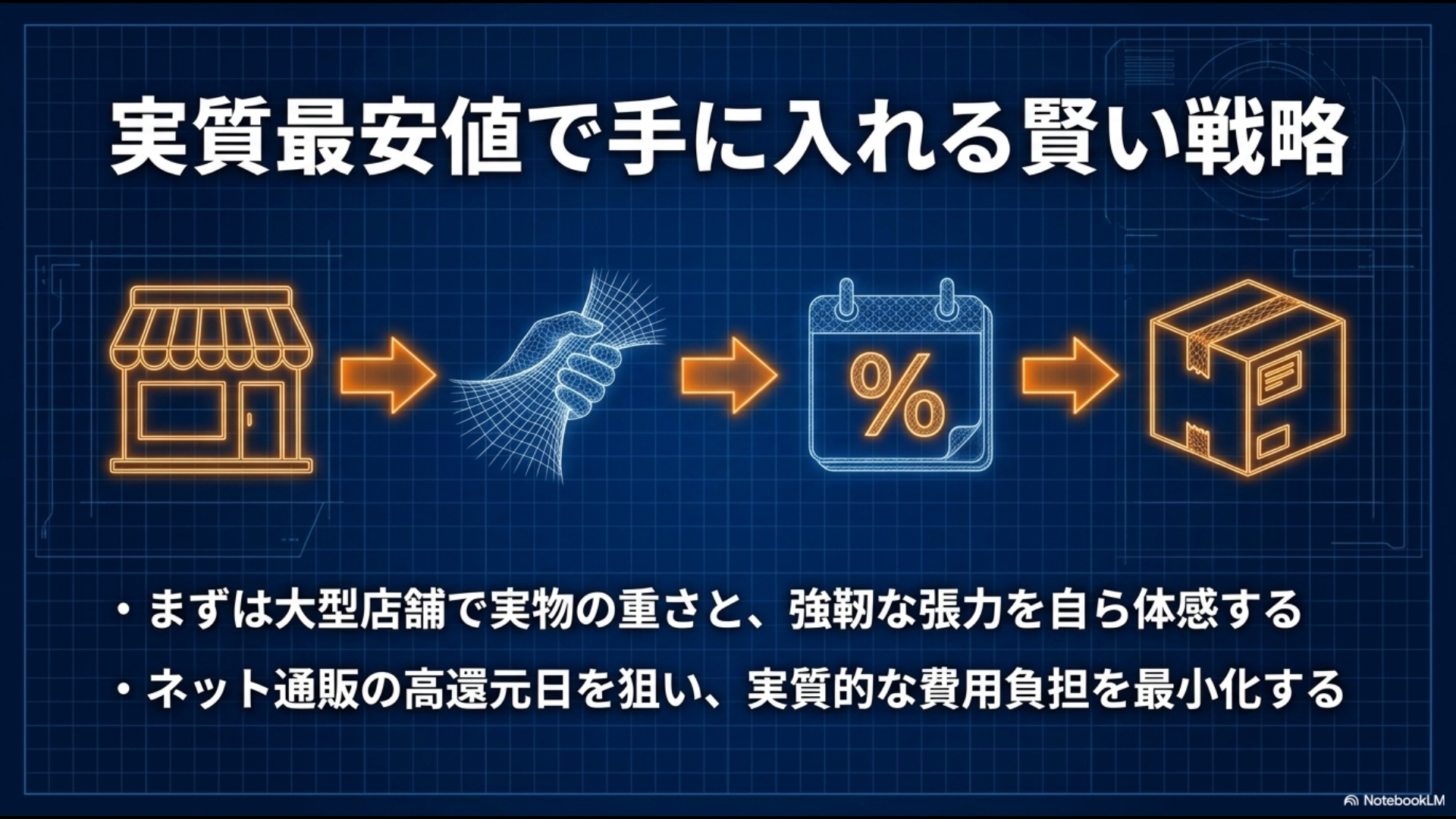 大型店舗で実物を体感し、ネット通販の高還元日を狙って購入するまでのフローチャート