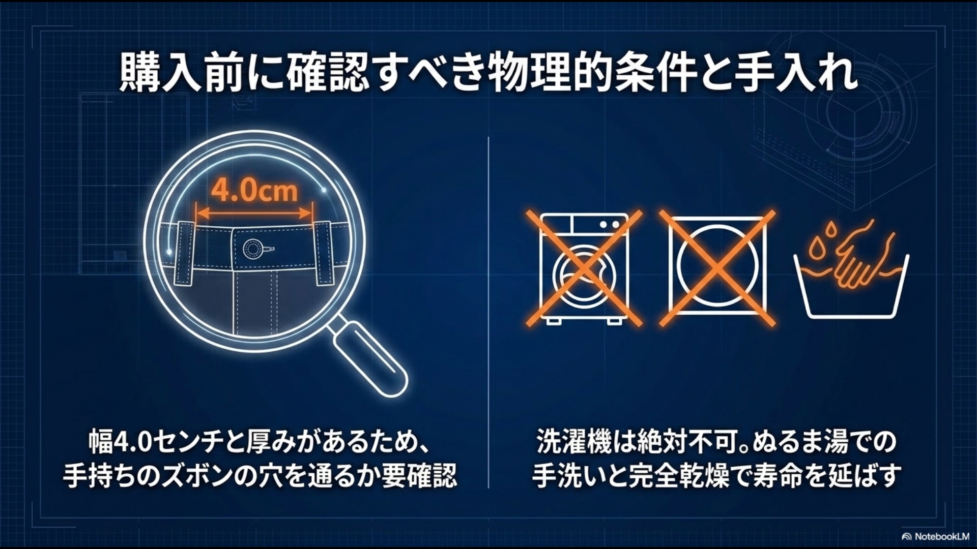 ベルト幅4.0cmの確認と、洗濯機使用不可・ぬるま湯での手洗いを推奨するメンテナンスガイド