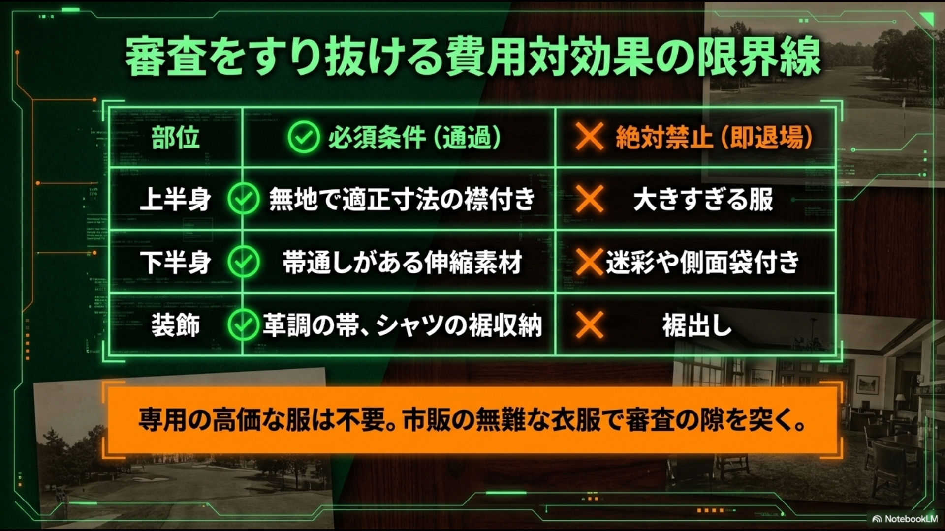 高価な服は不要。無地の襟付きシャツや伸縮素材のパンツなど、審査をすり抜けるための服装の限界線を示す表