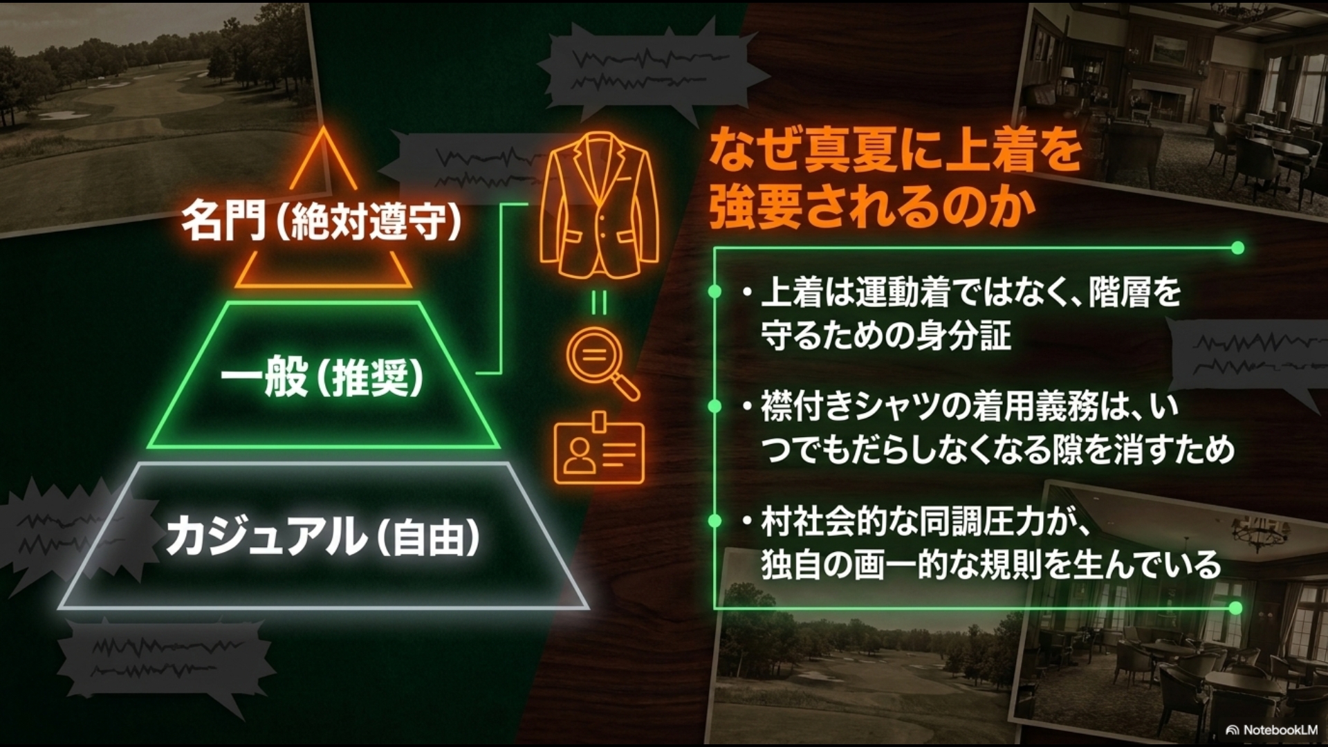 名門、一般、カジュアルというゴルフ場の階層構造と、ジャケットが身分証の役割を果たす図解