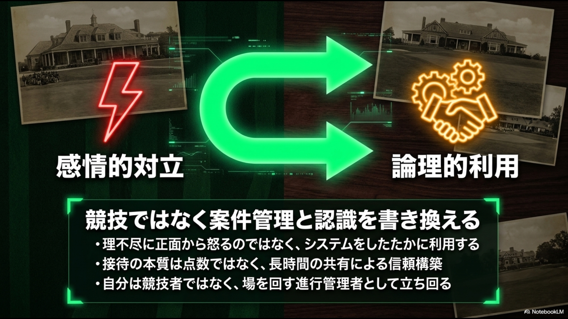 感情的対立から論理的利用への転換。接待ゴルフを競技ではなく進行管理として立ち回る考え方