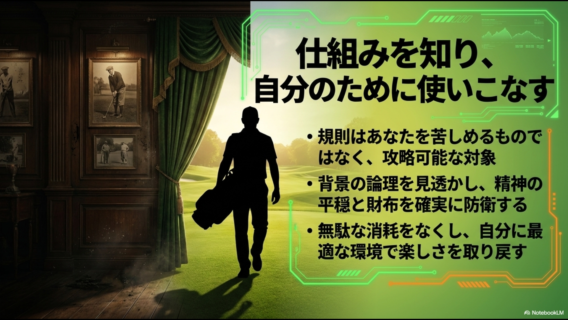 ゴルフ場の仕組みを知り、精神の平穏と財布を防衛しながら自分の最適な環境へ向かうゴルファーのシルエット