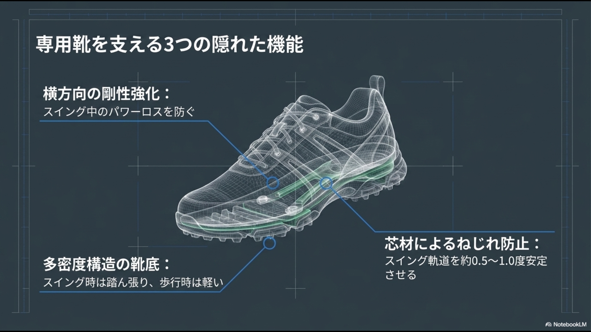 ゴルフ専用靴のワイヤーフレーム図。横方向の剛性強化、多密度構造の靴底、トーションバーによるねじれ防止機能の解説。