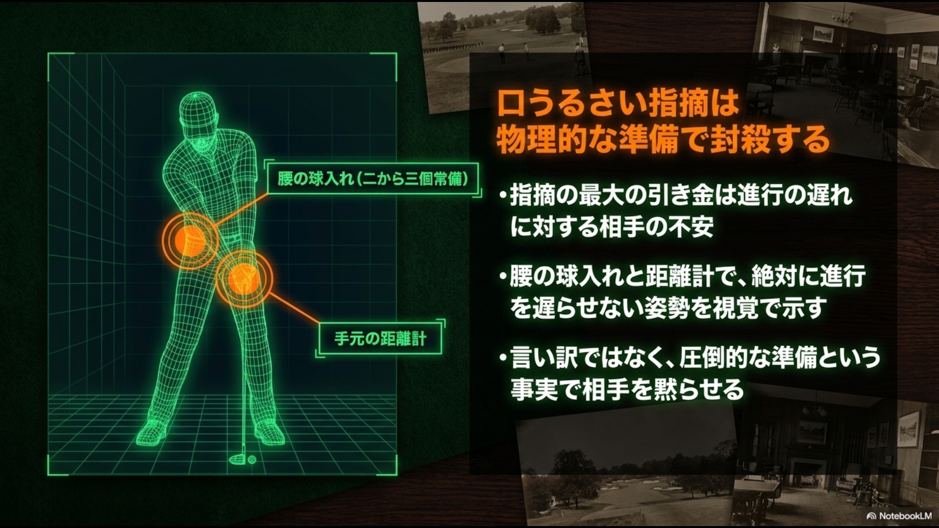 腰の球入れと手元の距離計を活用し、口うるさい指摘を物理的な準備で封じるゴルファーの図解