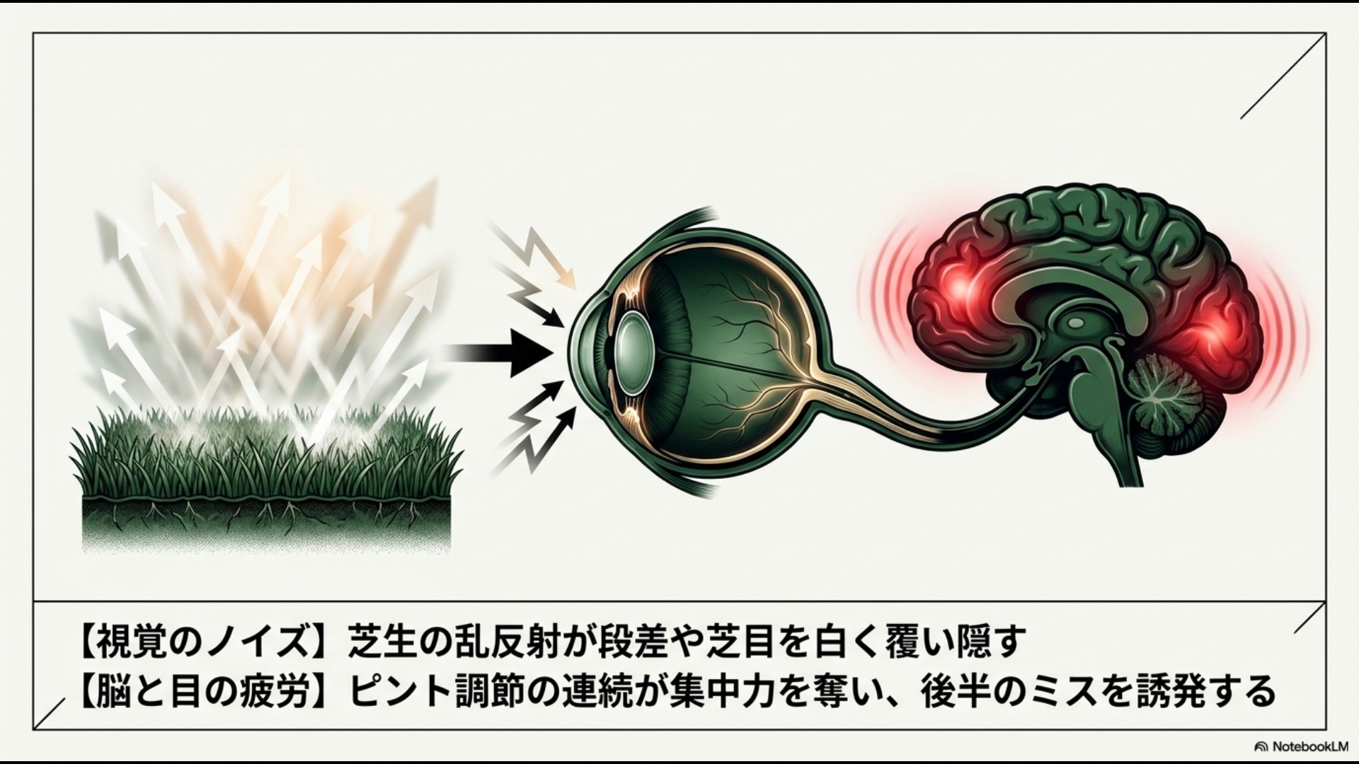芝生の乱反射が目に飛び込み、脳がピント調節を繰り返すことでストレスを感じ、後半のミスを誘発するプロセスを図解したイラスト。