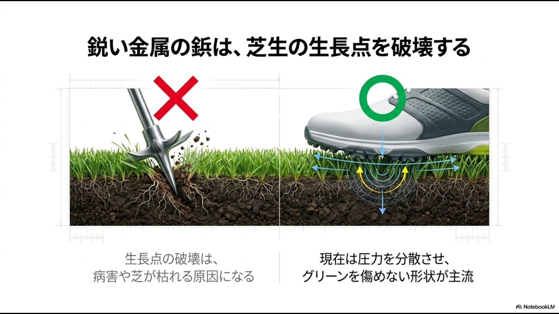 メタルスパイクが芝の生長点を傷つける様子と、現代のソールが圧力を分散させてグリーンを保護する仕組みの比較図。