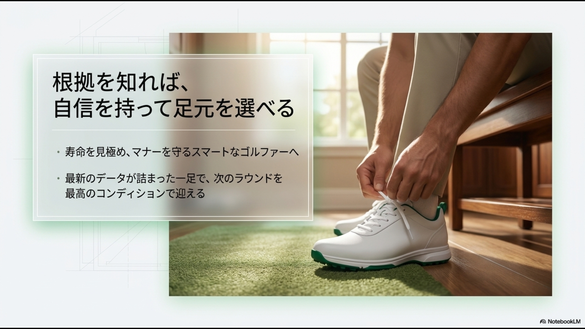 ゴルフ場でシューズを履き替えるゴルファーの足元。最新データに基づいた一足で最高のコンディションを迎えることを示唆するイメージ。