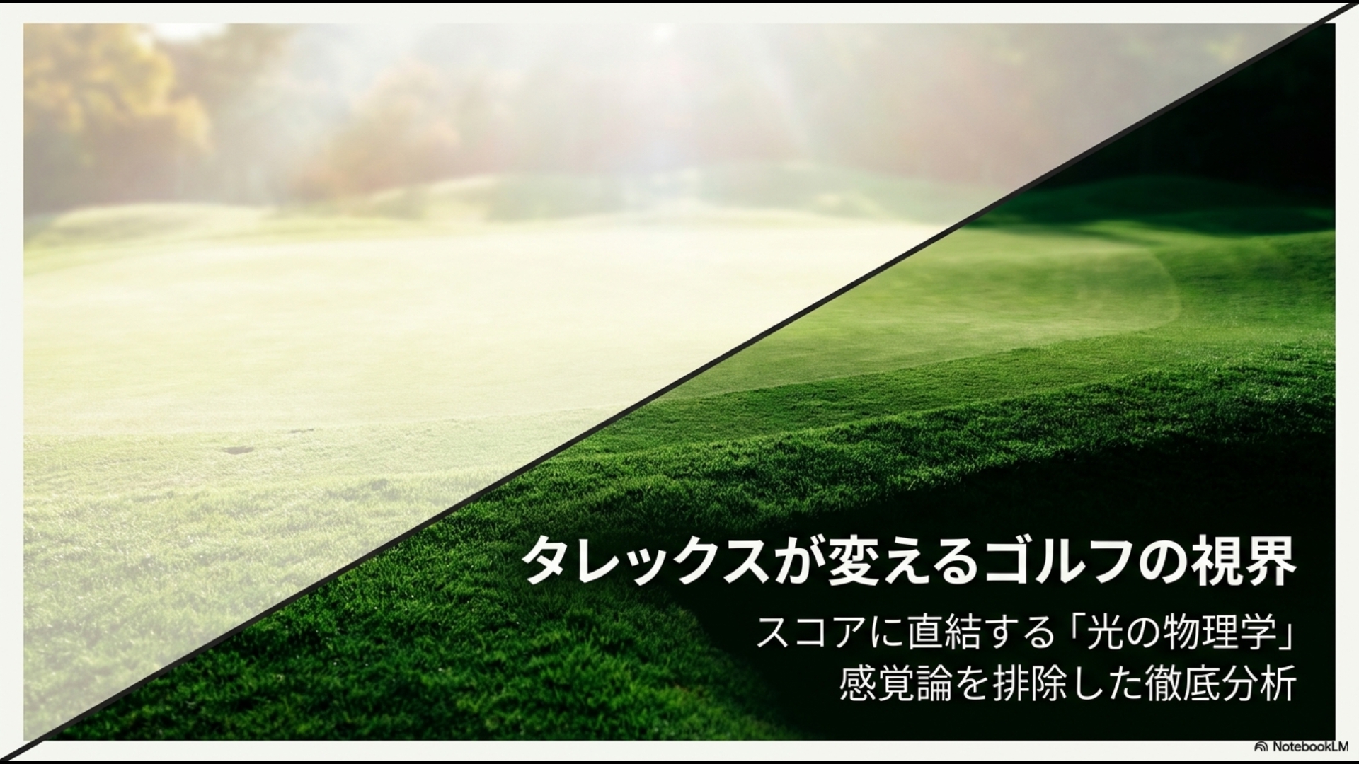 タレックスの偏光レンズによるゴルフ場の見え方の違い。左側は乱反射で白く霞んだ視界、右側はタレックスで緑が鮮明になった視界の比較。