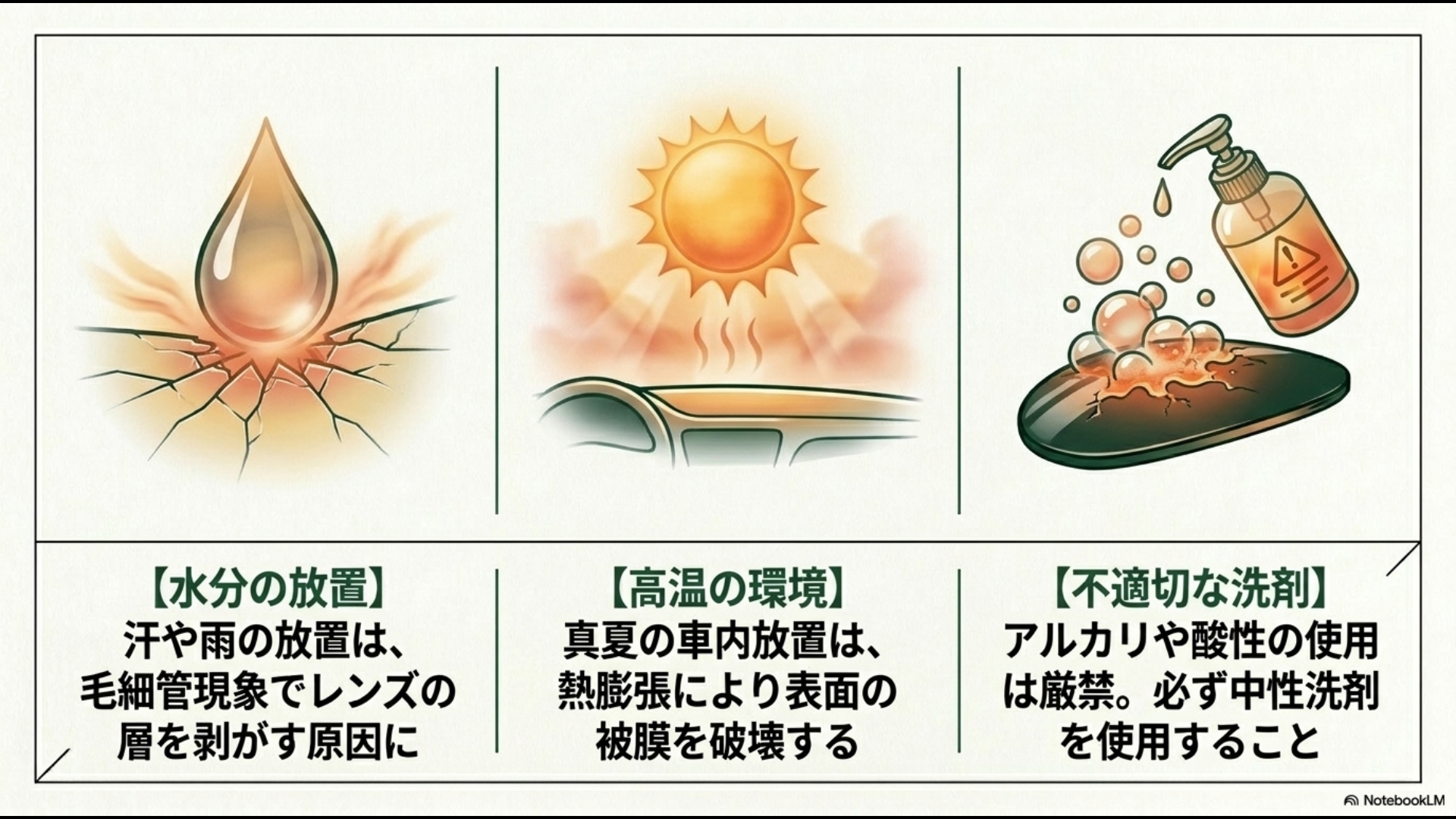 レンズ劣化を招く水分の放置、真夏の車内などの高温環境、不適切なアルカリ・酸性洗剤の使用を警告するイラスト。