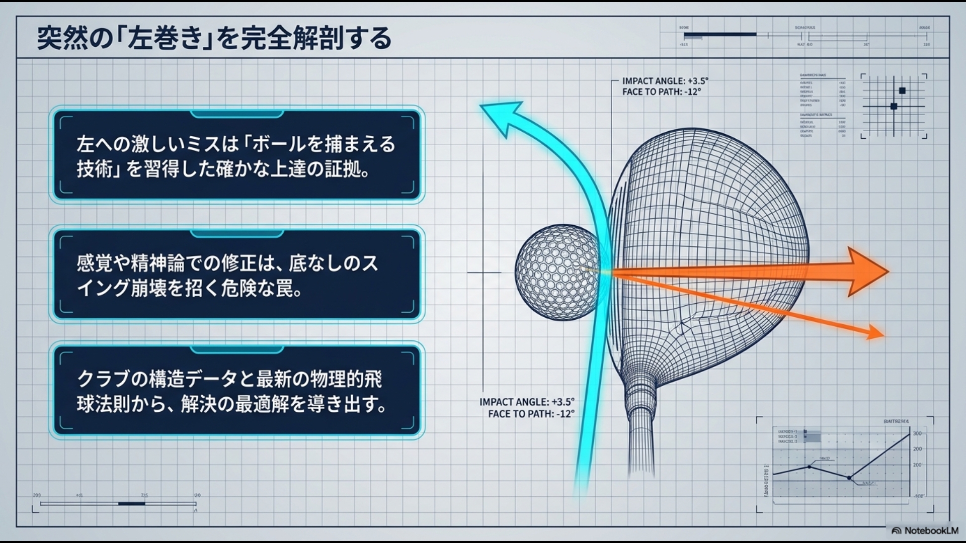 ゴルフで突然左に巻くチーピンや引っ掛けの原因を、客観的データと物理的飛球法則から完全解剖する図解
