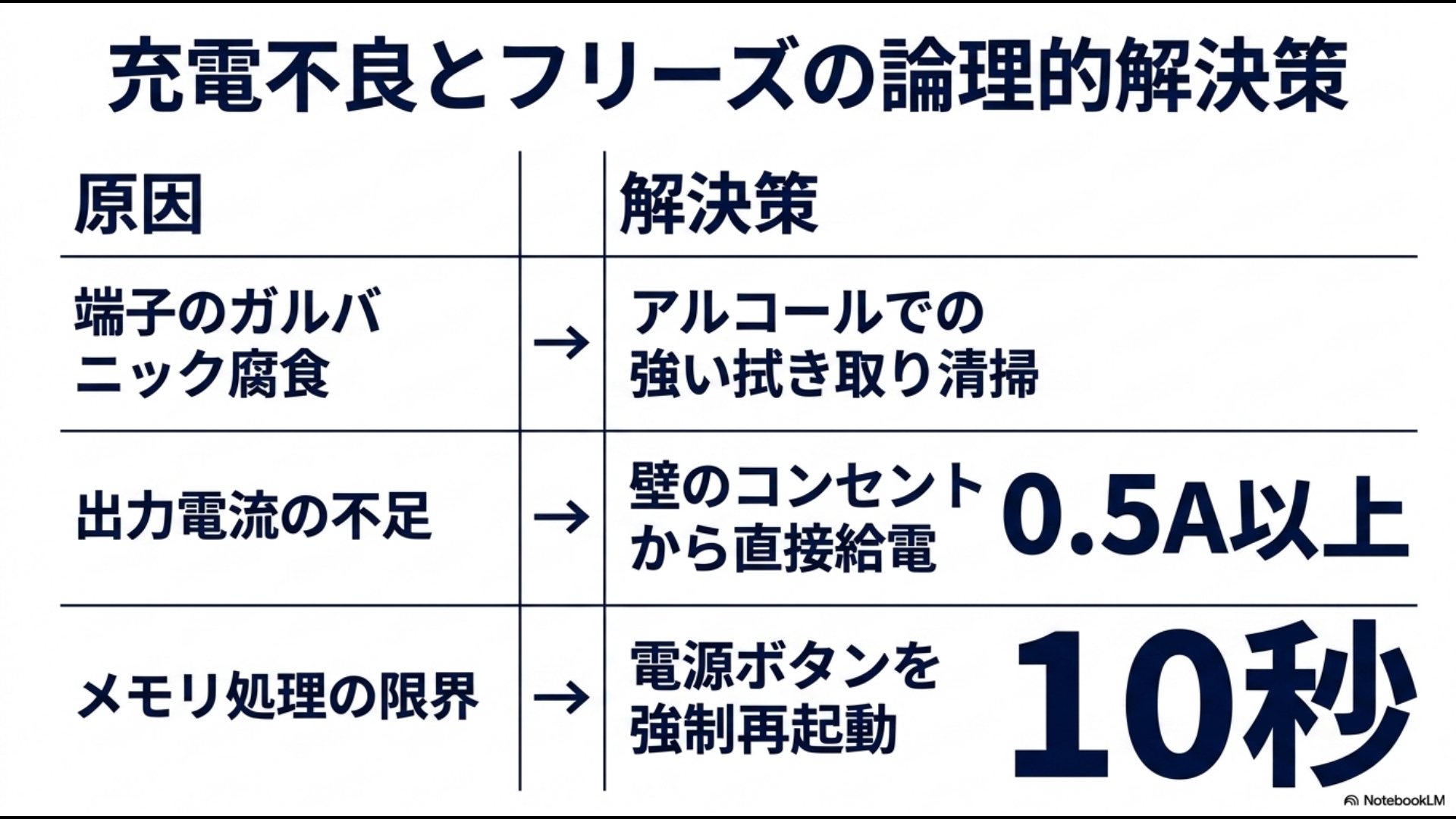 ボイスキャディT9の端子の腐食、出力電流不足、フリーズ等の原因に対する論理的な解決策一覧表