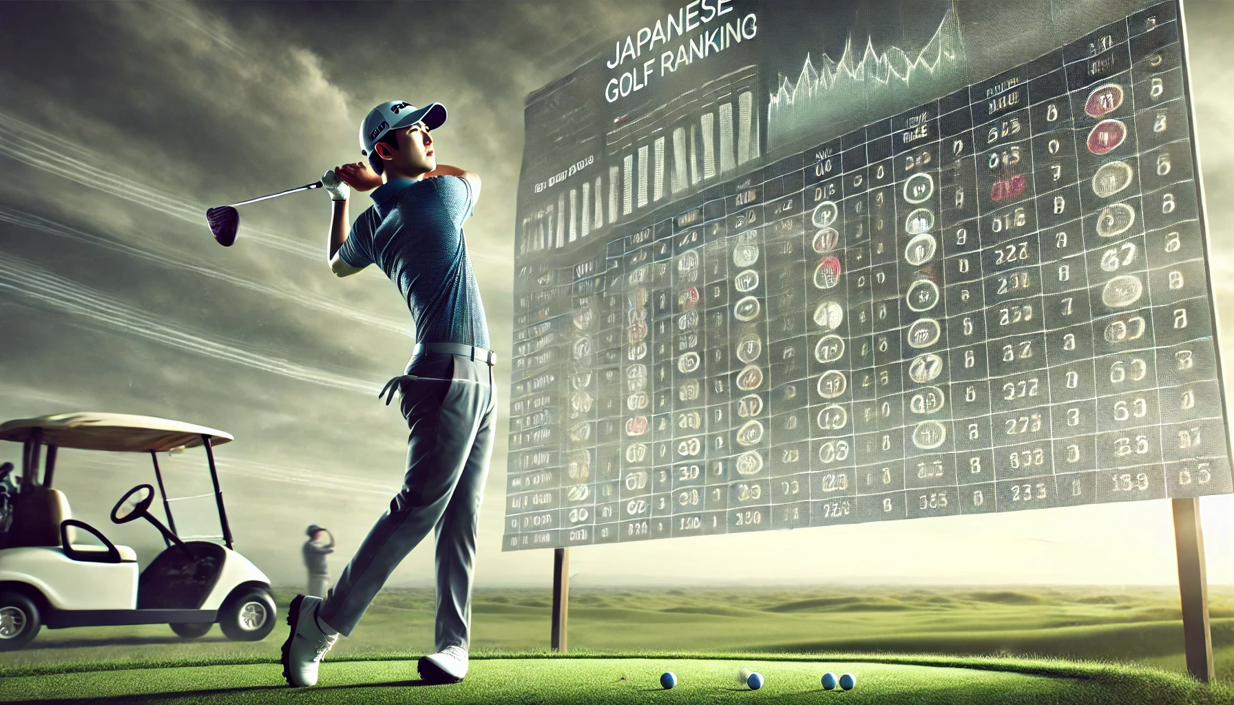 日本人男子ゴルファーが緊迫した表情でトーナメント中にプレーしているシーン。背景には変動するリーダーボードがあり、賞金ランキングやシード権争いのプレッシャーを表現