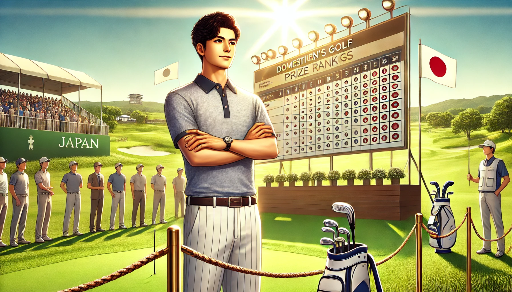 晴天のゴルフコースで、日本人男子プロゴルファーが自信を持って立ち、遠くにリーダーボードが見える。トーナメントが進行中で、観客がロープ越しに観戦しているシーン