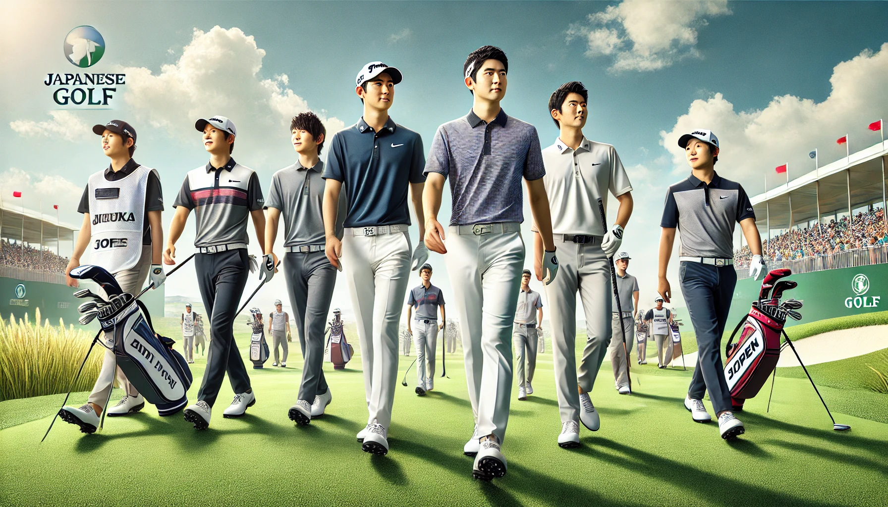 数人の日本人若手男子ゴルファーが、自信に満ちた表情でフェアウェイを歩いているシーン。未来の賞金王候補たちがツアーの主役に台頭していく様子を象徴
