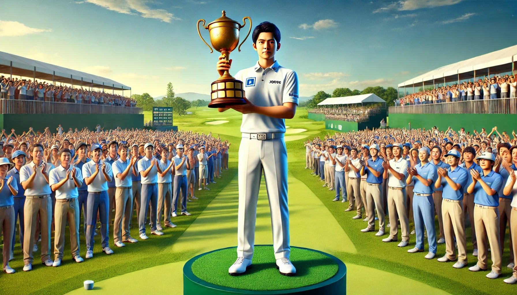 日本人男子プロゴルファーがトロフィーを掲げて表彰台に立っている、観客の歓声に包まれた晴天のゴルフ場。国内男子ツアーで賞金王に輝いた瞬間を象徴するシーン
