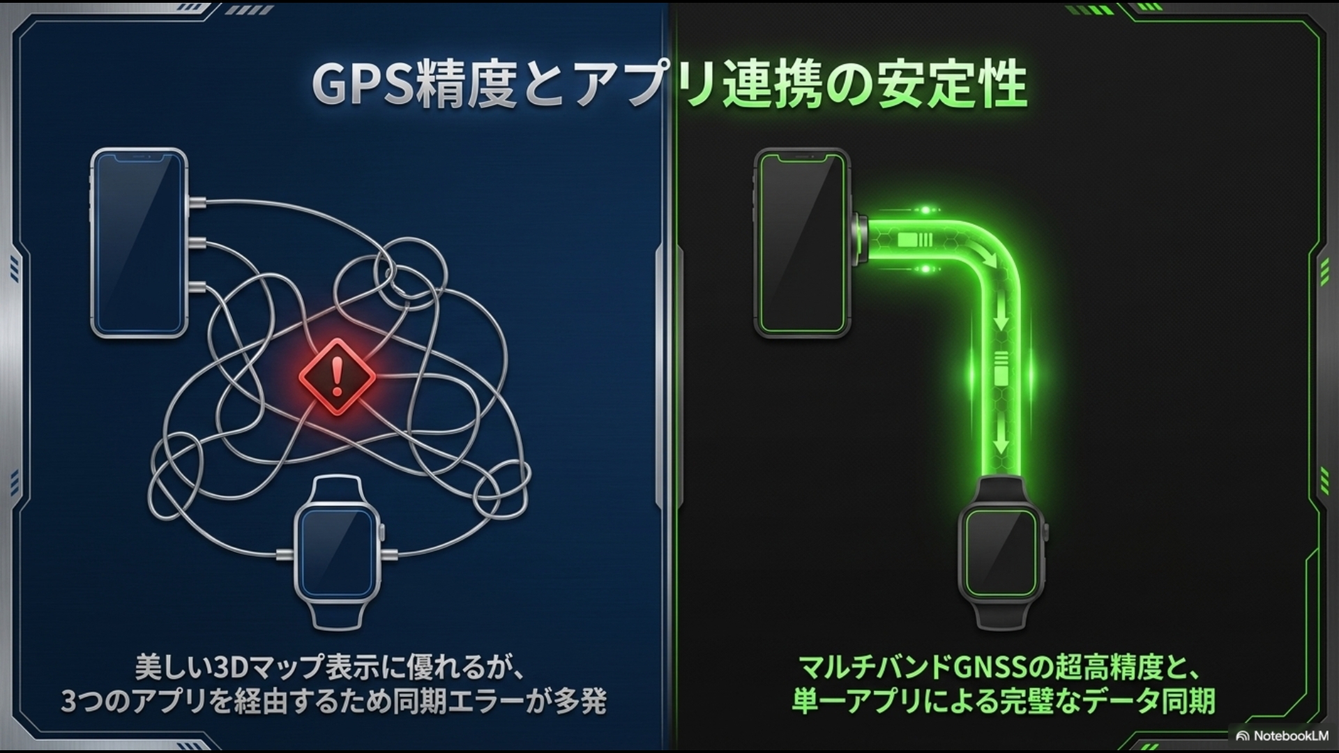3つのアプリを経由する複雑な同期エラーと、単一アプリによる完璧でスムーズなデータ同期を比較する図解