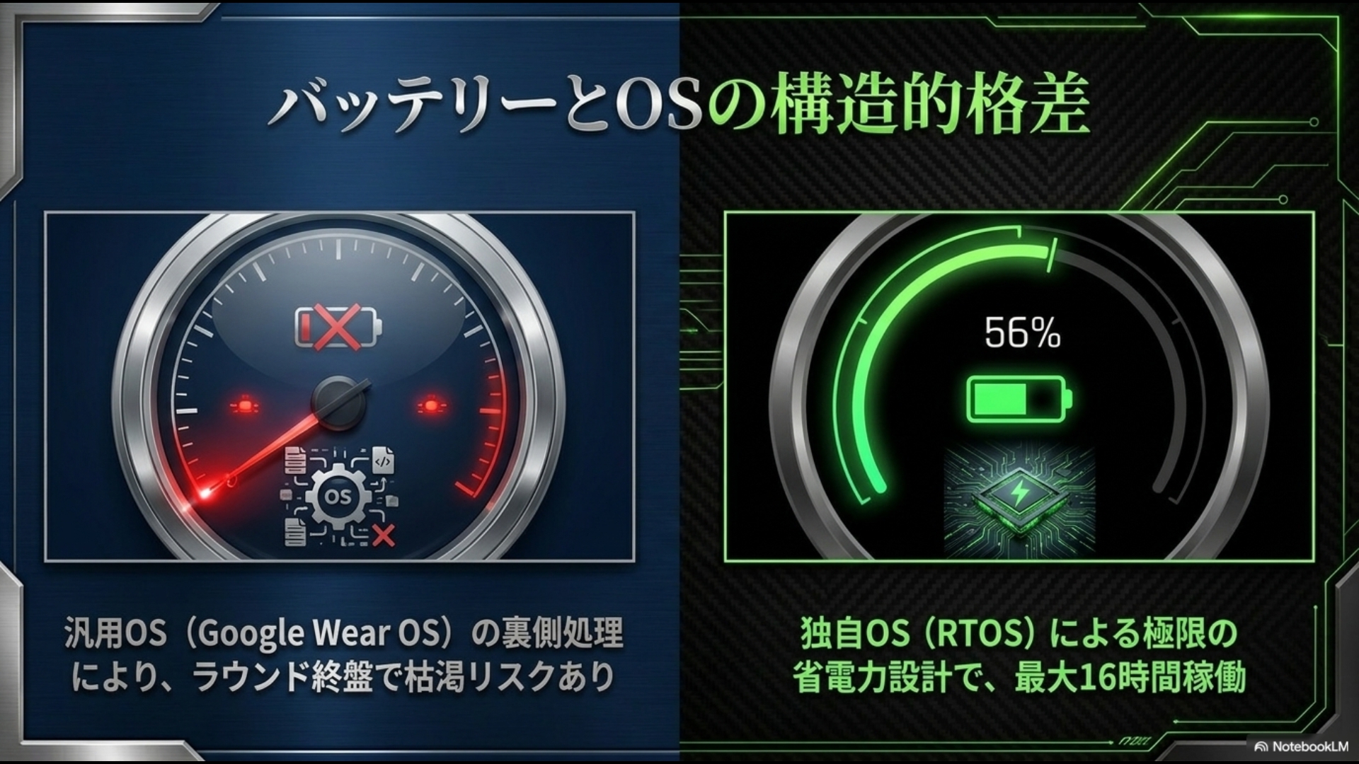 Wear OSによるバッテリー枯渇リスクと、独自OS(RTOS)による極限の省電力稼働を比較するメーター画像