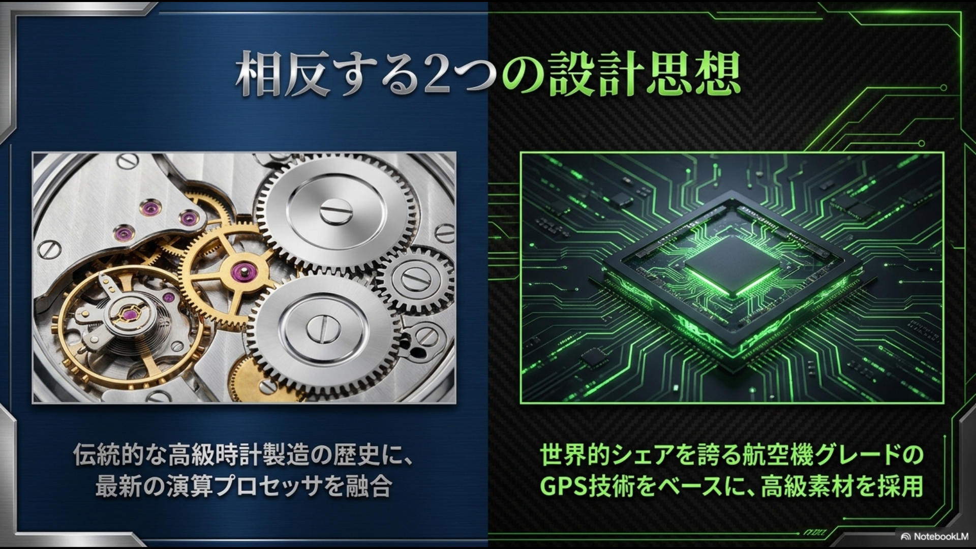 伝統的な機械式時計の歯車と、最新の演算プロセッサ(半導体)の設計思想を比較する画像