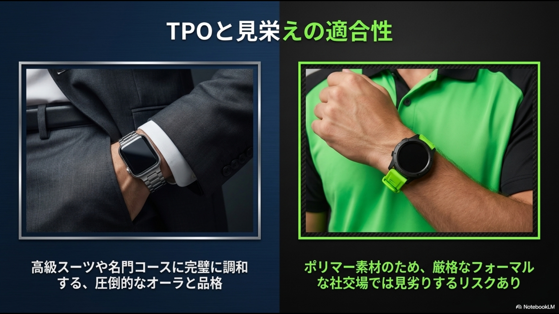 高級スーツや名門コースに調和するタグホイヤーと、スポーツウェアに適したポリマー素材のガーミンの着用イメージ比較画像