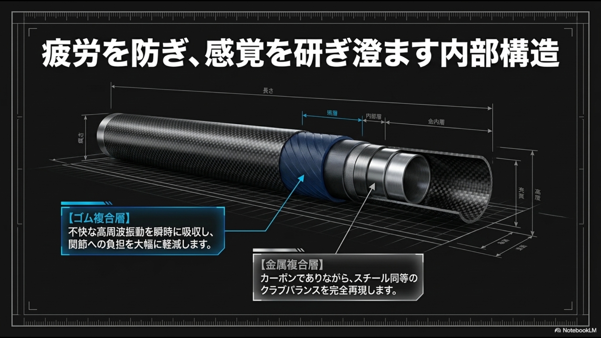 フジクラTRAVILシャフトの内部構造の3D図解。不快な高周波振動を吸収する「ゴム複合層」と、スチールと同等のバランスを再現する「金属複合層」の配置が示されています。