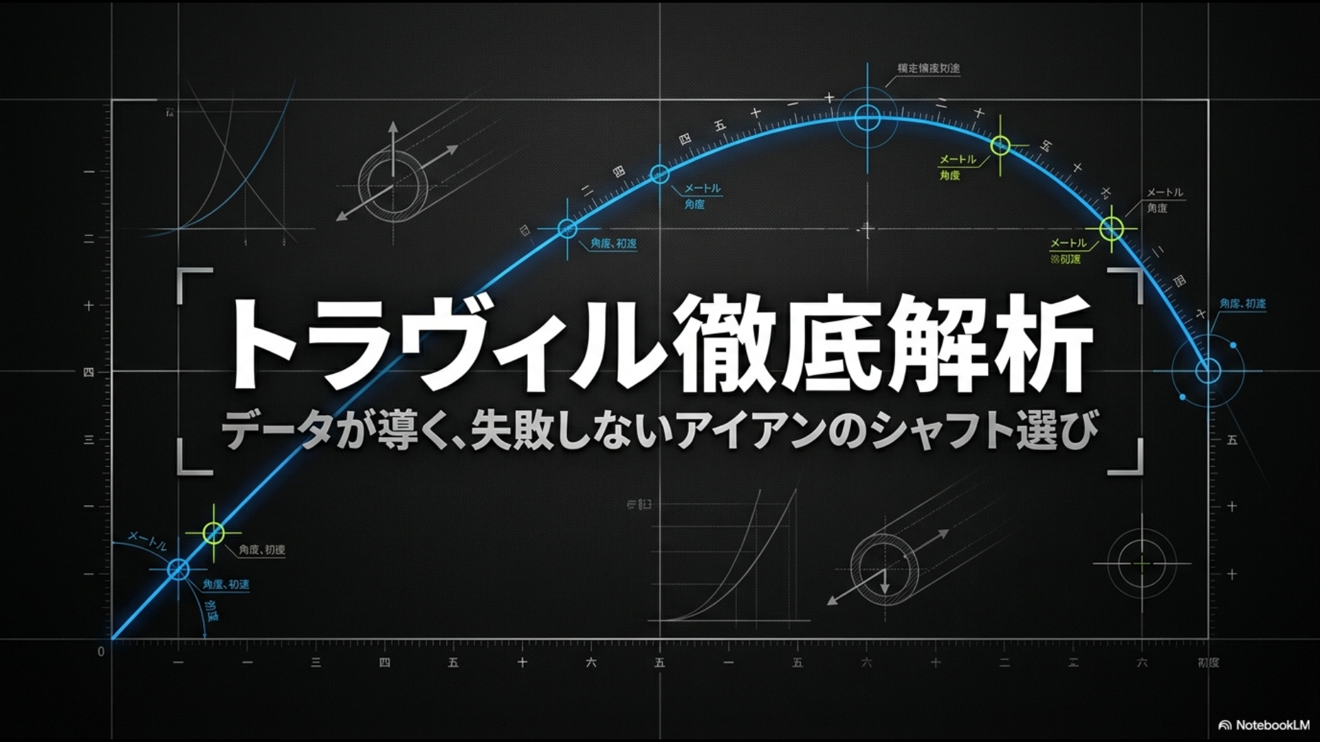 フジクラのアイアン用カーボンシャフト「TRAVIL（トラヴィル）」の徹底解析スライド。背景に設計図のようなグラフィックと、トラヴィルのロゴ、落下角の軌道イメージが描かれています。