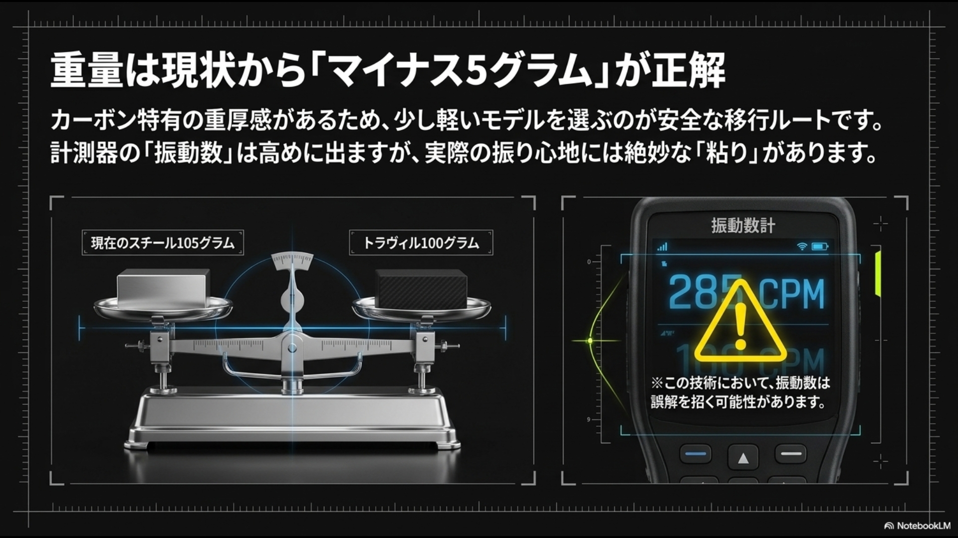 重量は現状のスチールより「マイナス5グラム」が安全な移行ルートであることを示す天秤の図と、計測器の振動数（CPM）が高めに出る特性を警告する計測器のグラフィック。