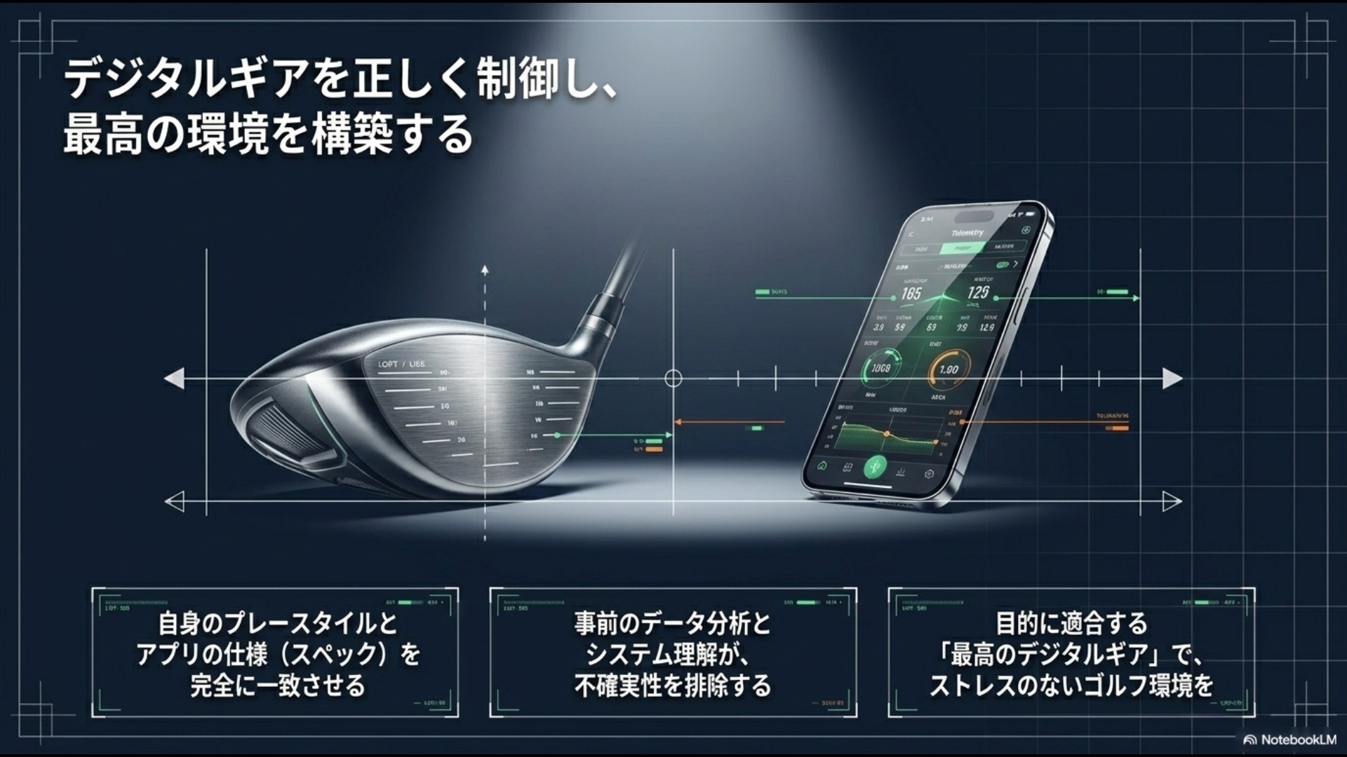 ゴルフクラブとスマートフォンの画面を合わせたデータ解析のイメージ図。自身のプレースタイルとアプリの仕様を一致させる重要性