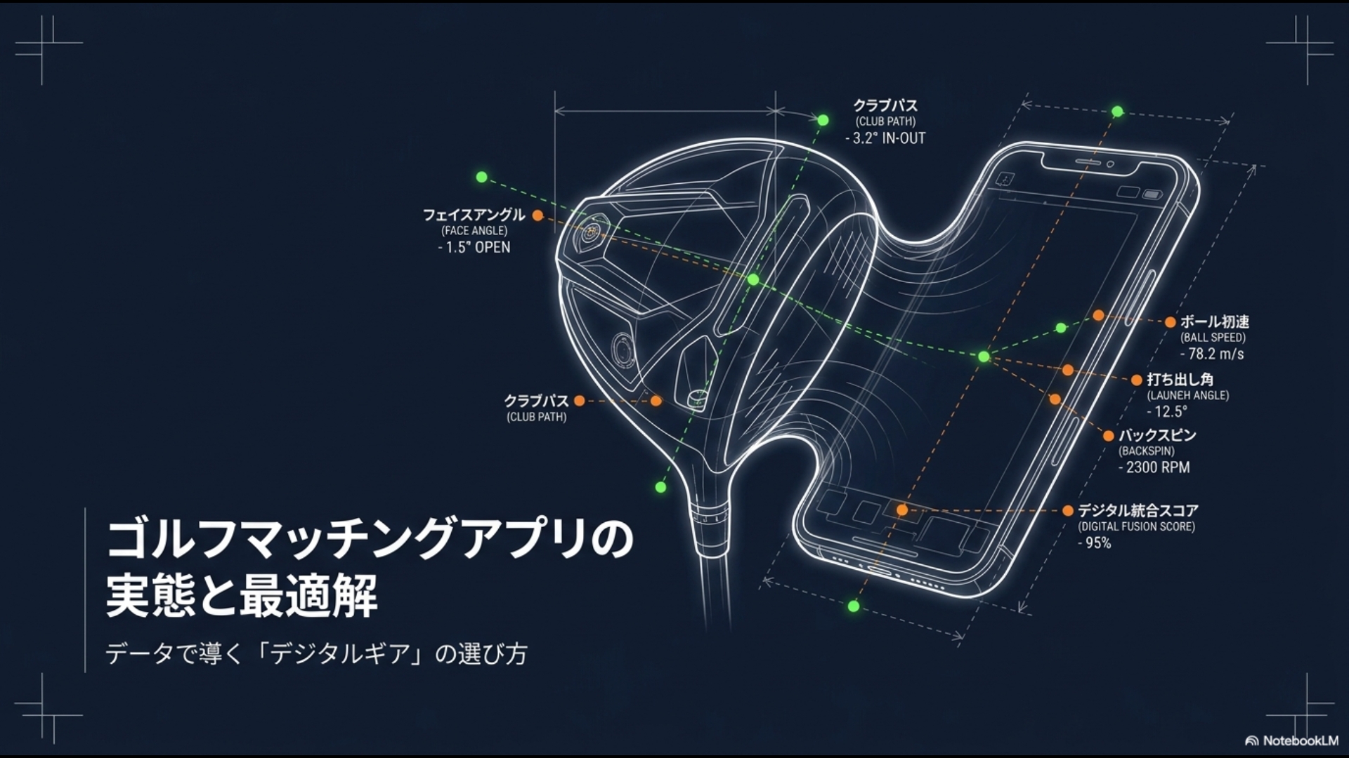 ゴルフクラブとスマートフォンのデータ解析イメージ。ゴルフマッチングアプリの実態と最適解を示すデジタルギアの選び方