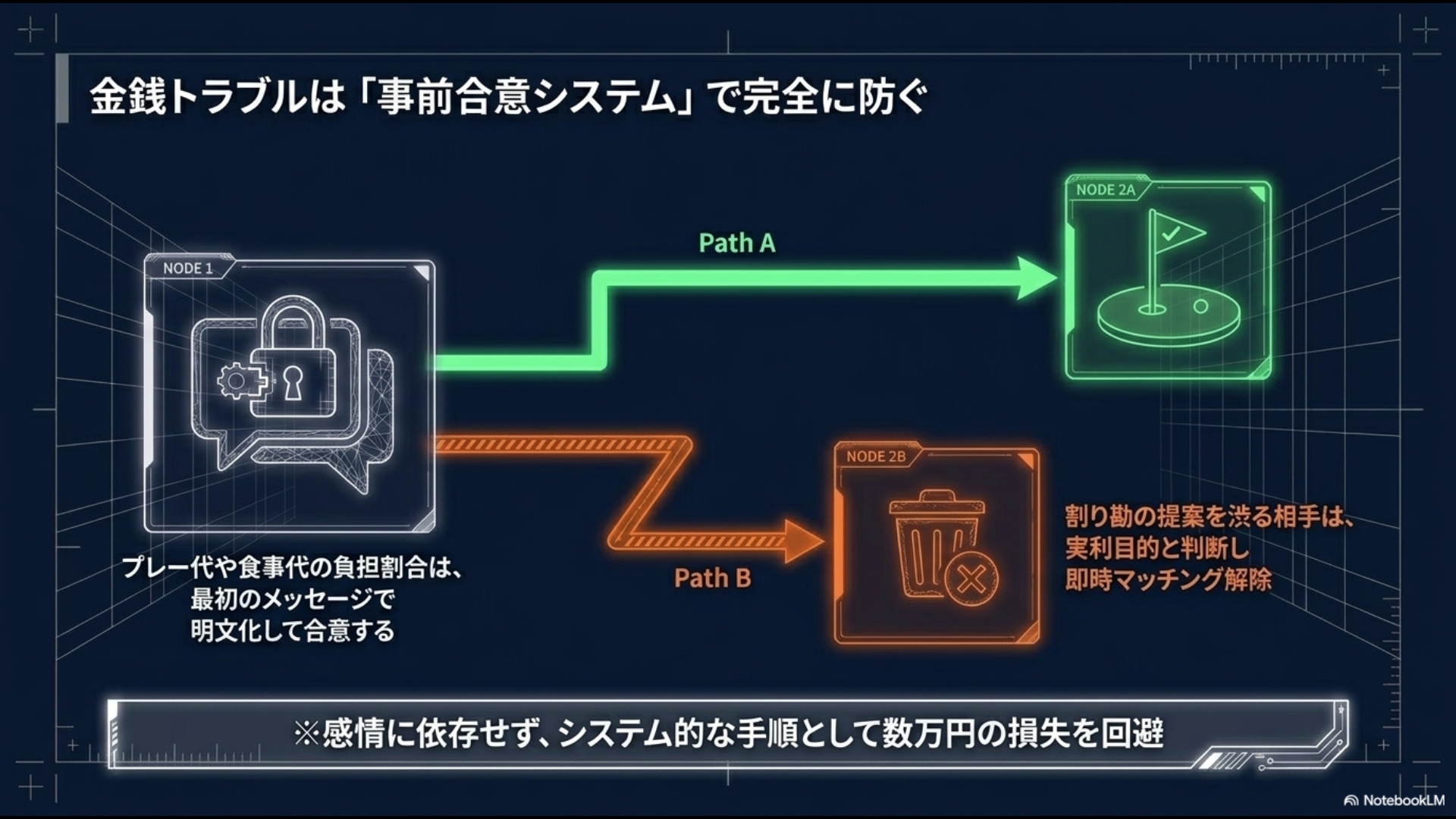 メッセージ段階でプレー代の負担割合を合意し、実利目的の相手を即時マッチング解除するフローチャート図