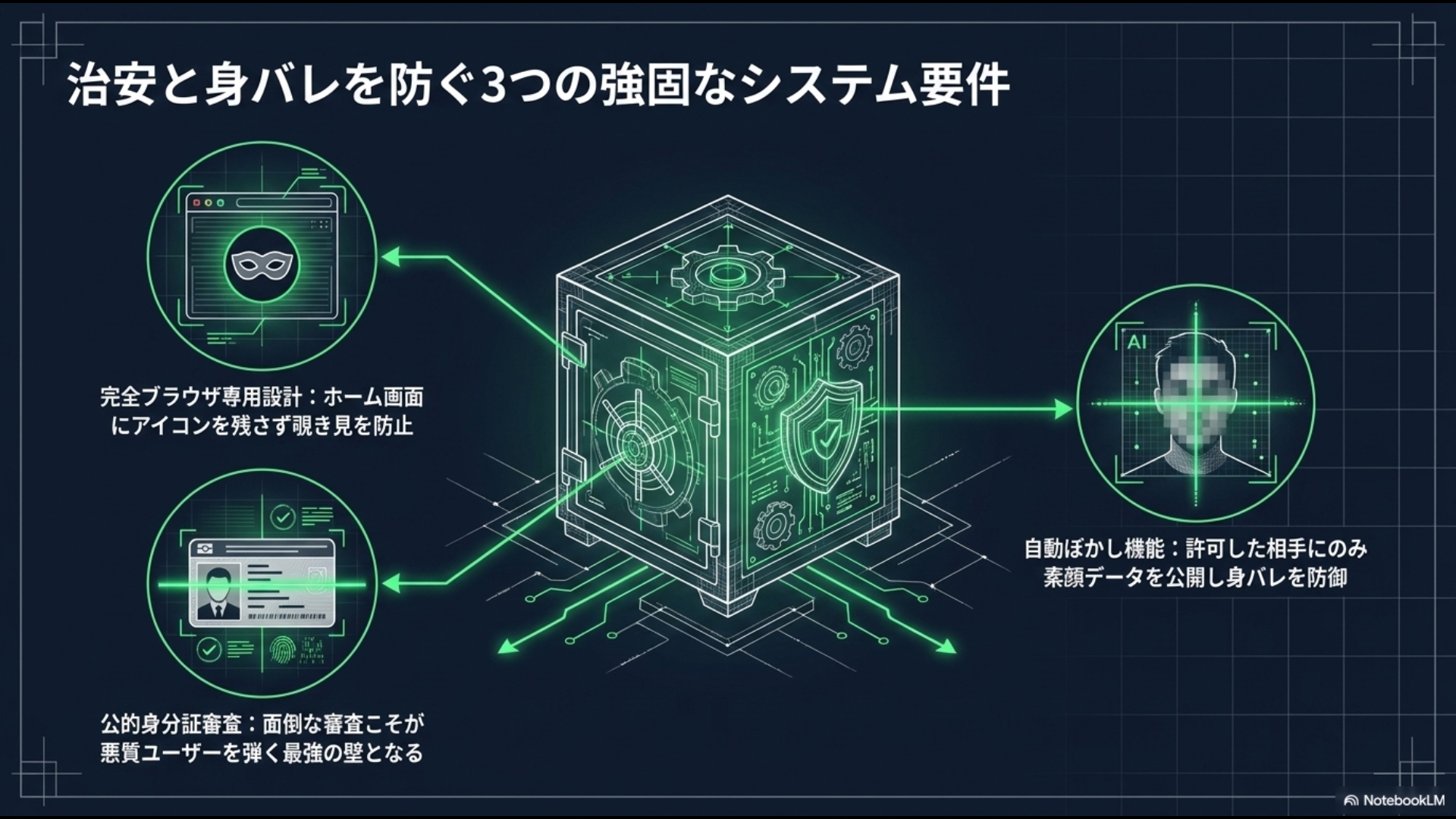 完全ブラウザ専用設計、公的身分証審査、自動ぼかし機能の3つのシステム要件によって守られる金庫のイメージ図