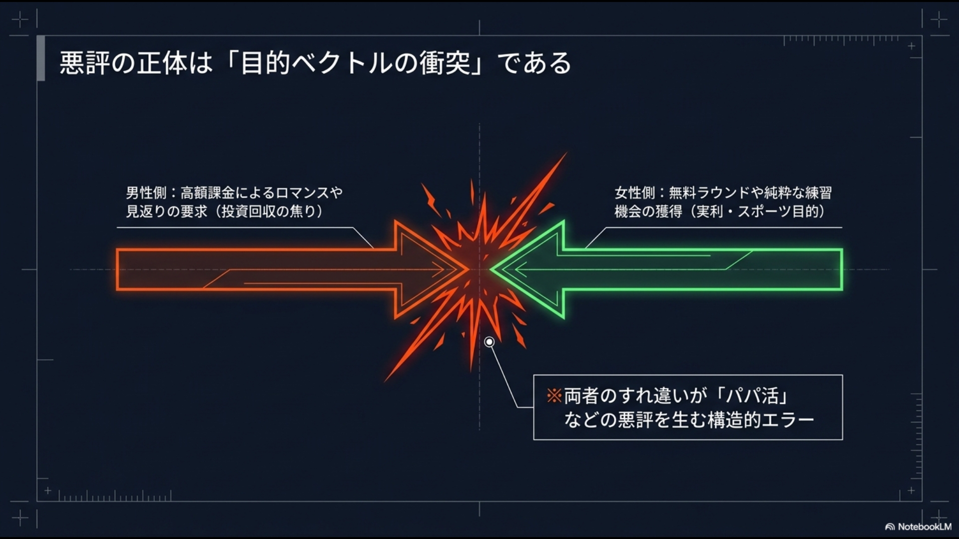 男性側の投資回収の焦りと女性側の実利目的が衝突するイメージ図。ゴルフマッチングアプリでパパ活などの悪評が生まれる構造的エラー