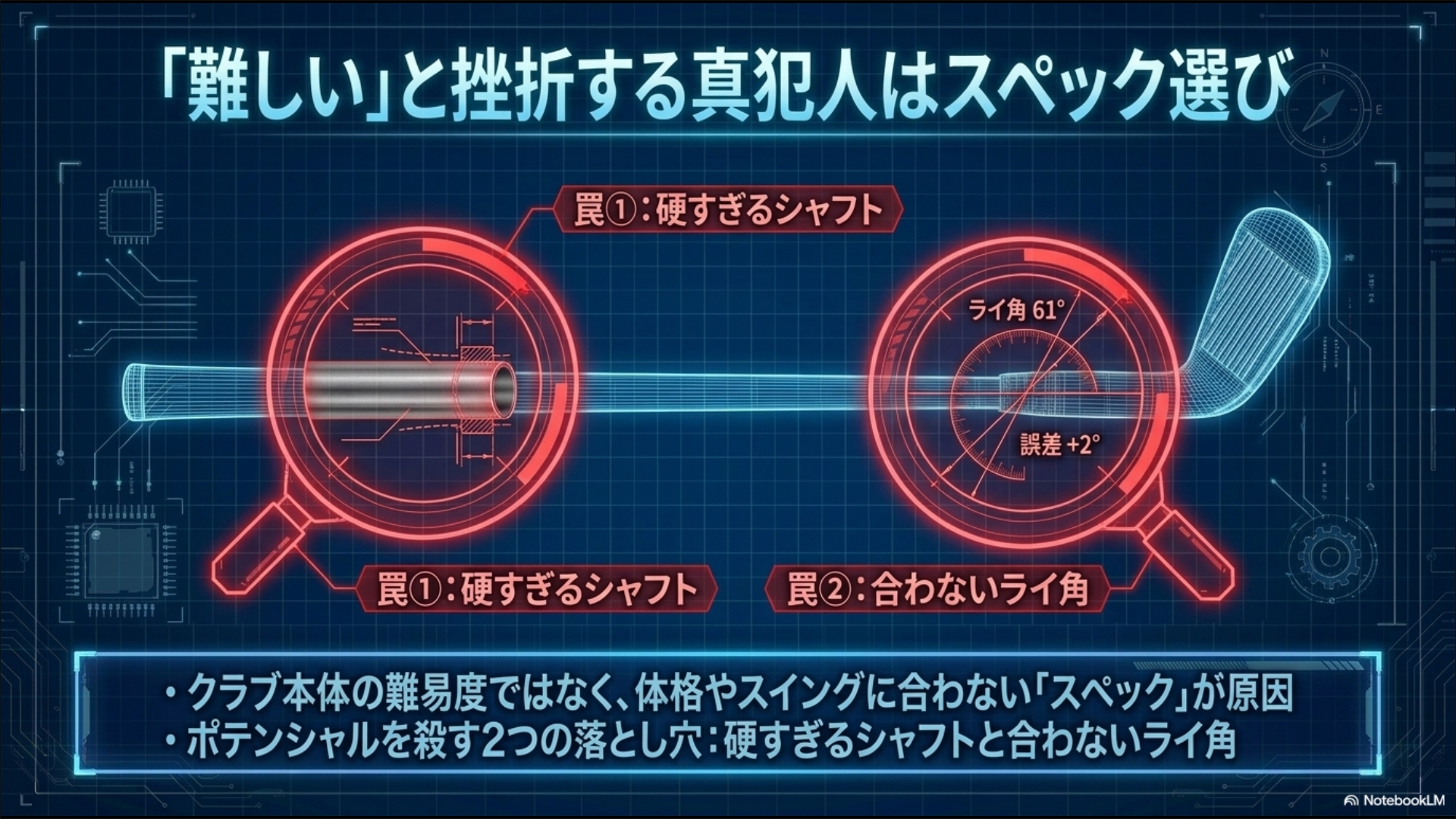 硬すぎるシャフトと合わないライ角という2つの罠が、i210を「難しい」と感じさせてしまう原因であることを示す図。