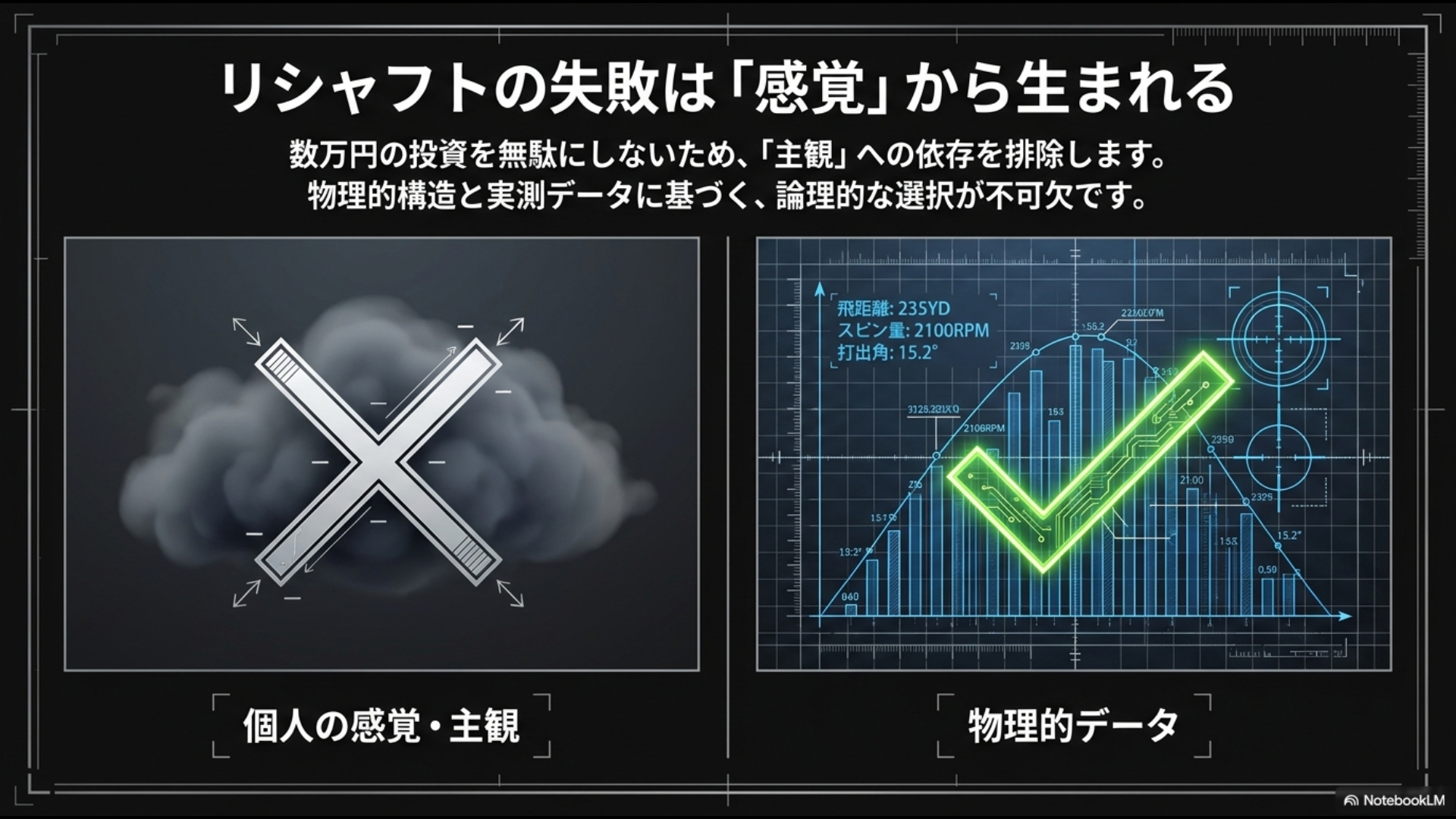 リシャフトの失敗は個人の感覚や主観（左側の×印）から生まれることを示し、数万円の投資を無駄にしないために物理的データ（右側のチェック印と計測器のグラフィック）に基づいた選択が必要であることを説明する図解。
