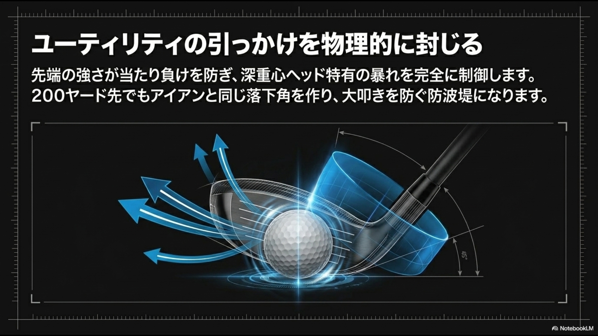 ユーティリティヘッドのインパクト付近の挙動を示した図。先端の強さが当たり負けを防ぎ、深重心ヘッド特有の暴れを制御して200ヤード先でも止まる球を作る仕組みを解説しています。