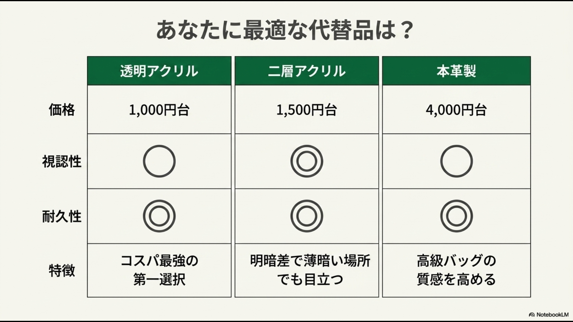 透明アクリル、二層アクリル、本革製のネームプレートを価格、視認性、耐久性で比較した表