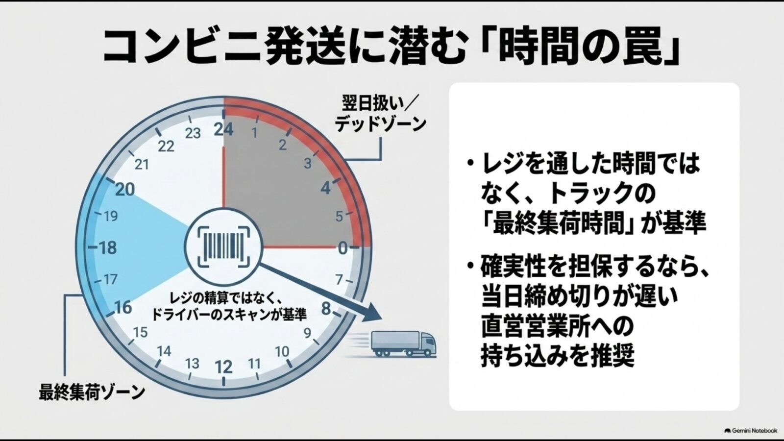時計のイラストでコンビニの最終集荷時間を解説。レジを通した時間ではなくドライバーのスキャンが基準となるため、確実性を担保するなら当日締め切りが遅い直営営業所への持ち込みが推奨されます。