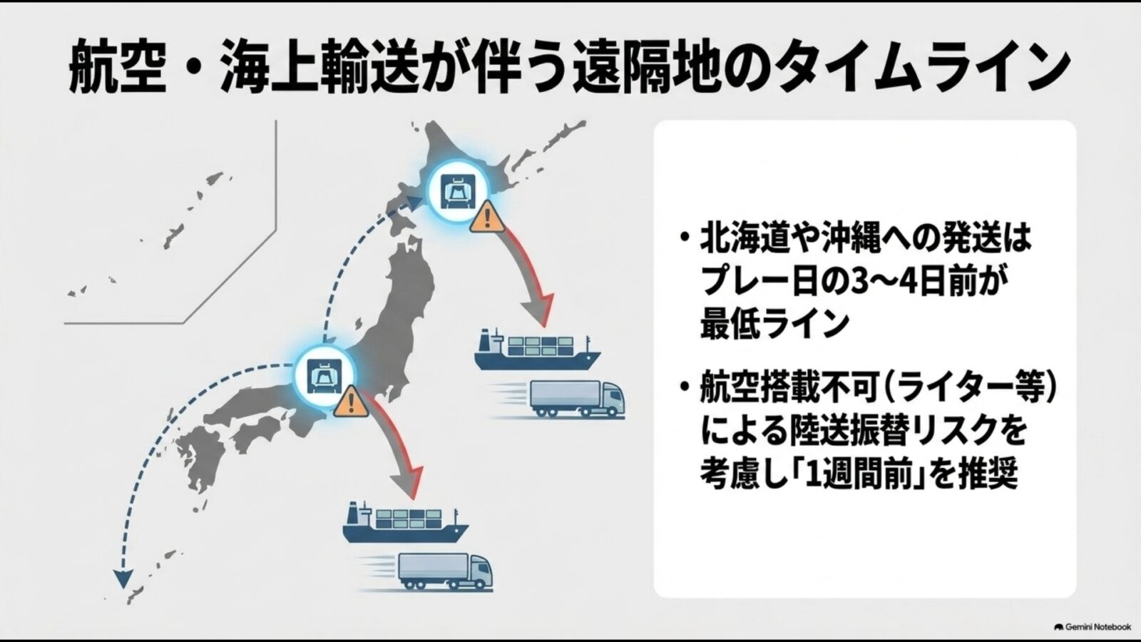 日本地図を用いた遠隔地への輸送タイムライン。北海道や沖縄への発送は航空便の搭載不可リスクや海上輸送への振替リスクを考慮し、プレー日の1週間前の発送が推奨されます。