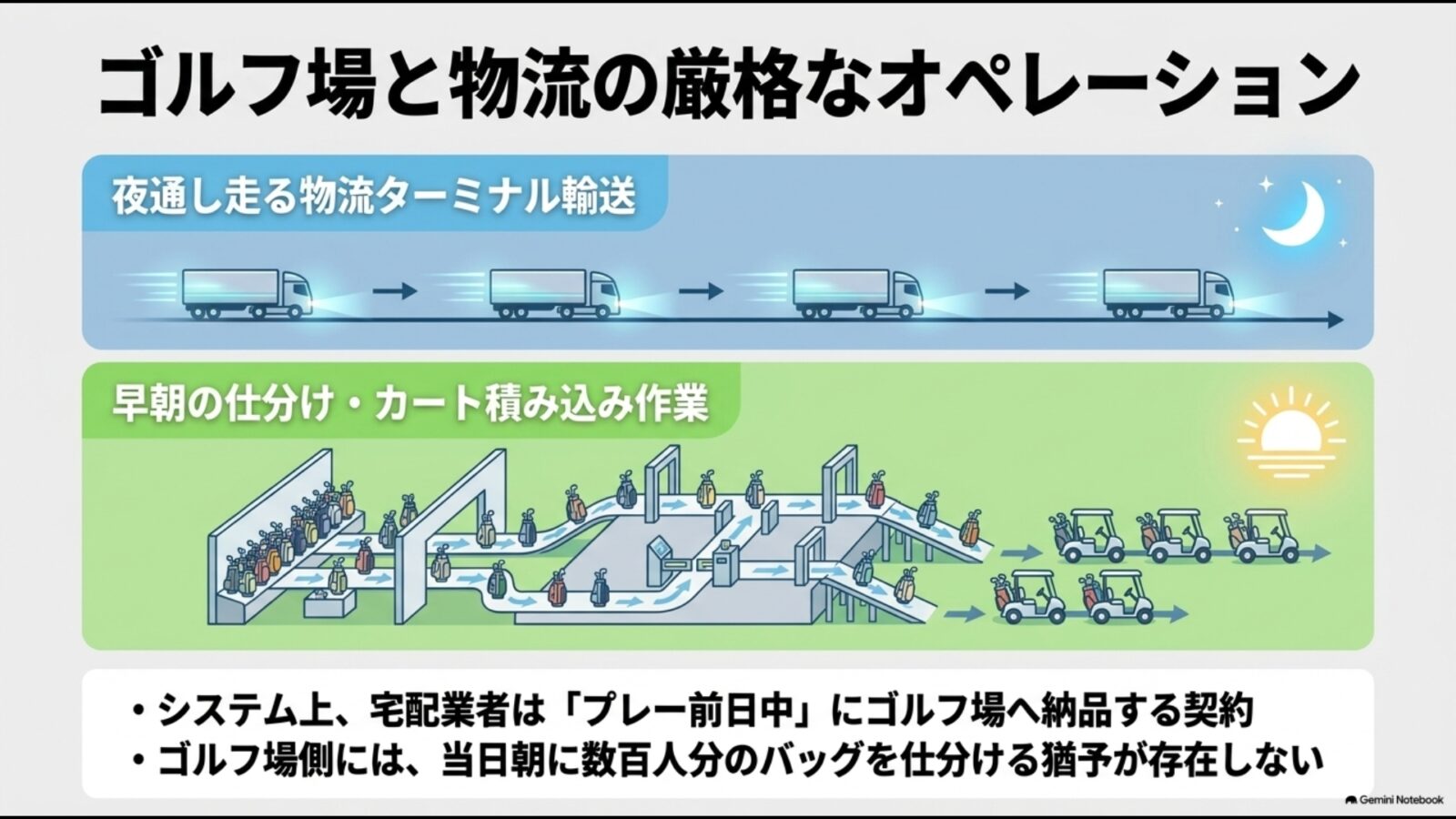 夜通し走る物流ターミナル輸送とゴルフ場での早朝の仕分け・カート積み込み作業のイラスト。システム上、宅配業者はプレー前日中にゴルフ場へ納品する契約となっており、ゴルフ場側に当日朝仕分ける猶予はありません。