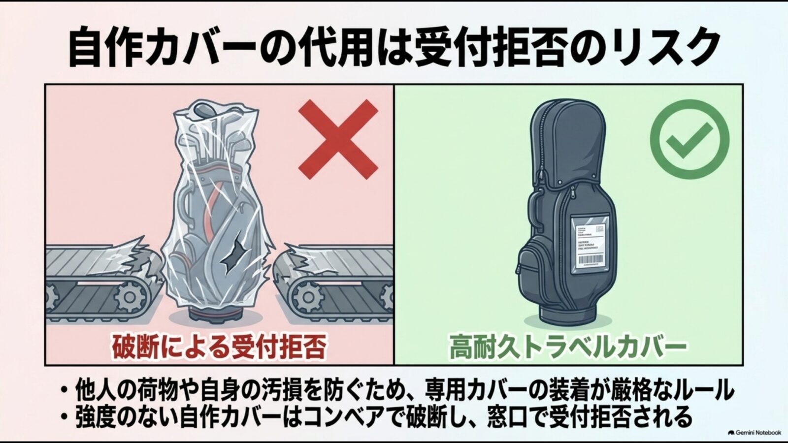 ゴミ袋等の自作カバーがベルトコンベアで破断するリスクと高耐久トラベルカバーの比較図。他人の荷物や自身の汚損を防ぐため専用カバーの装着は厳格なルールであり、自作カバーは受付拒否の対象になります。
