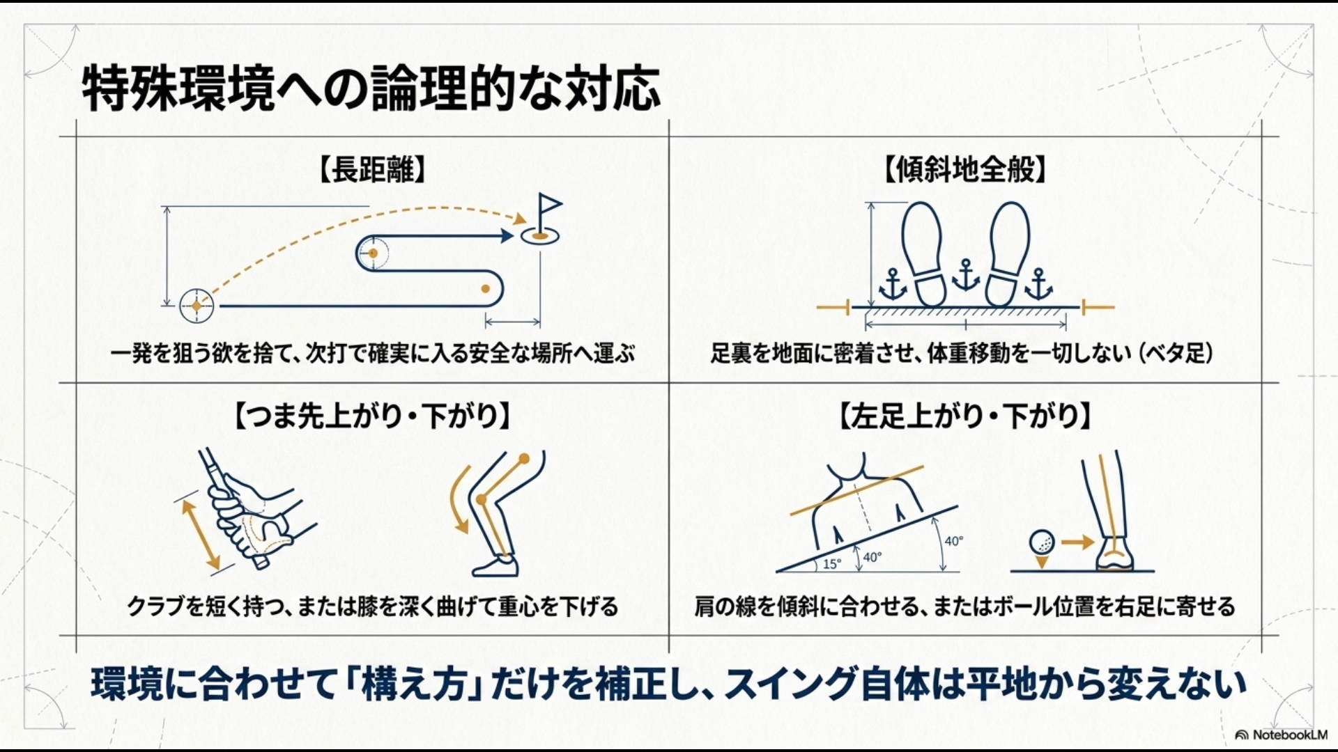 特殊環境への対応図解。長距離でのレイアップ、傾斜地全般でのベタ足、つま先上がり・下がり、左足上がり・下がりの各アドレス補正ポイントをまとめています。