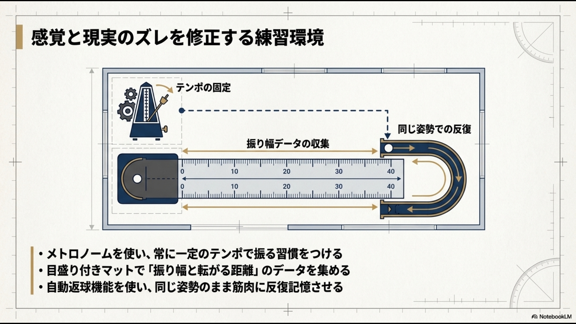 室内での効果的な練習環境の図解。メトロノームでテンポを固定し、目盛り付きマットで振り幅と距離のデータを収集、自動返球機で反復練習を行う様子が描かれています。
