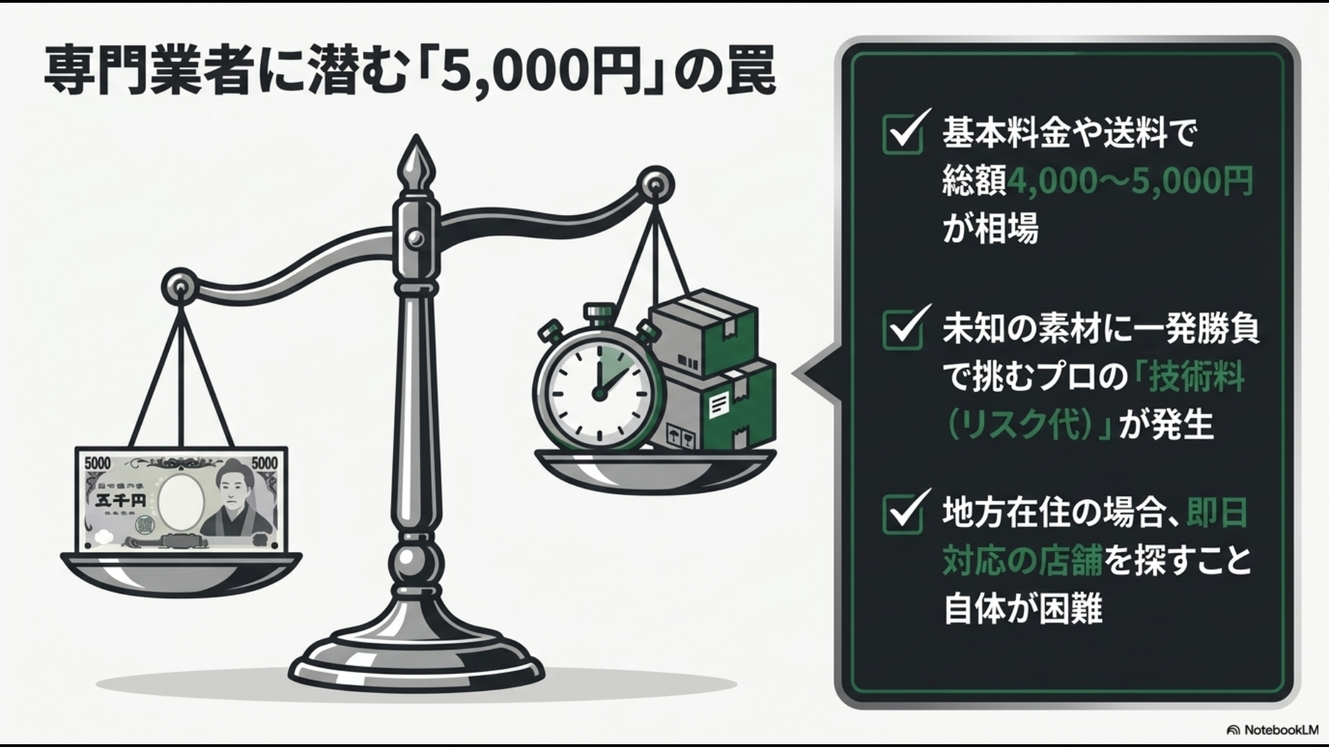 基本料金や送料で総額5000円近くかかる専門業者への依頼コストと時間を天秤にかけたイラスト