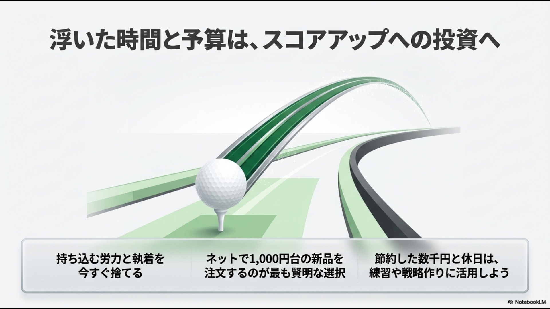 持ち込みの労力を捨ててネット注文で節約した数千円と休日を、ゴルフの練習や戦略作りに活用することを示すイラスト