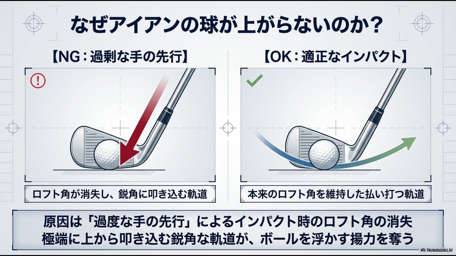 NGな過剰な手の先行によるロフト消失と、OKな本来のロフトを維持した払い打つ軌道の比較図。球が上がらない物理的原因を解説しています。