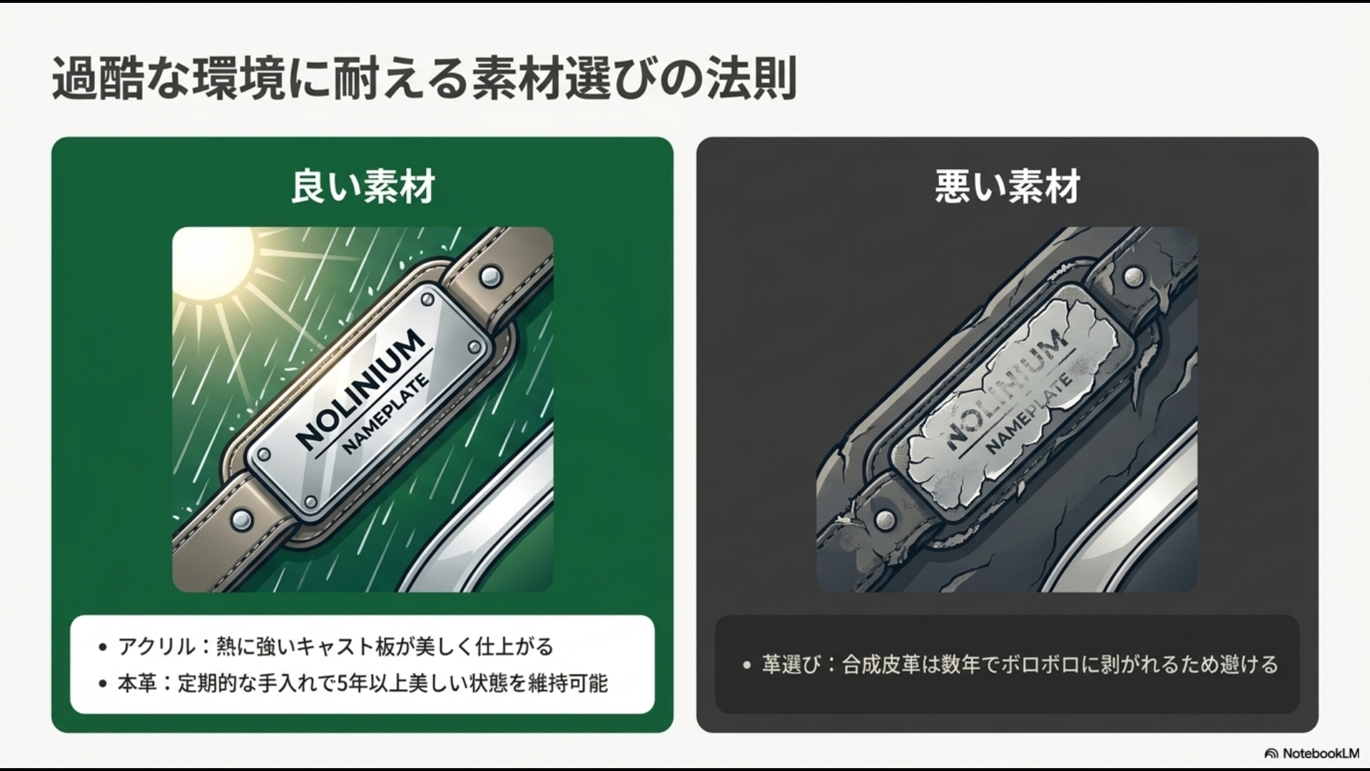 耐久性の高いアクリルや本革と、数年でボロボロに剥がれる合成皮革(PUレザー)の違いを示すイラスト