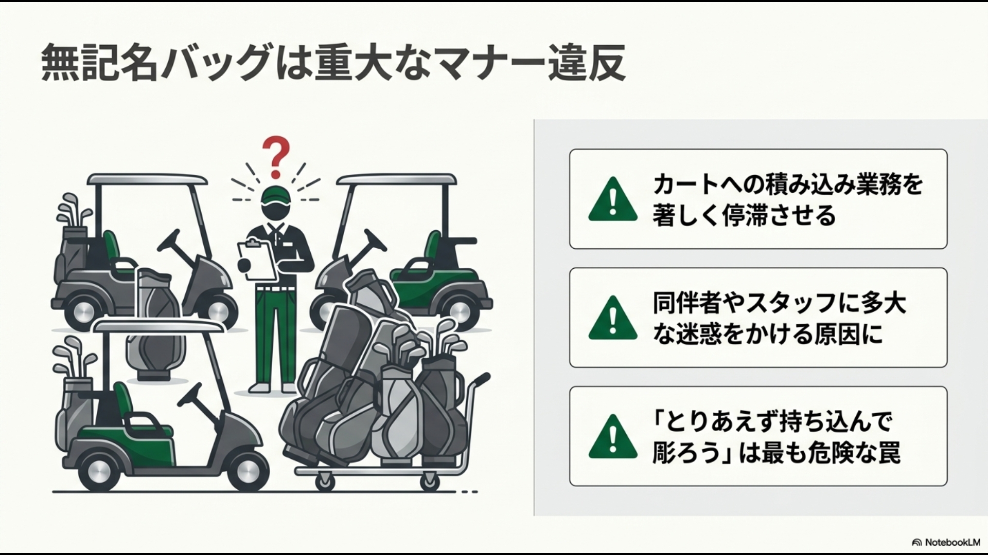 カートへの積み込み業務を停滞させ同伴者に迷惑をかける無記名キャディバッグのマナー違反を説明する図
